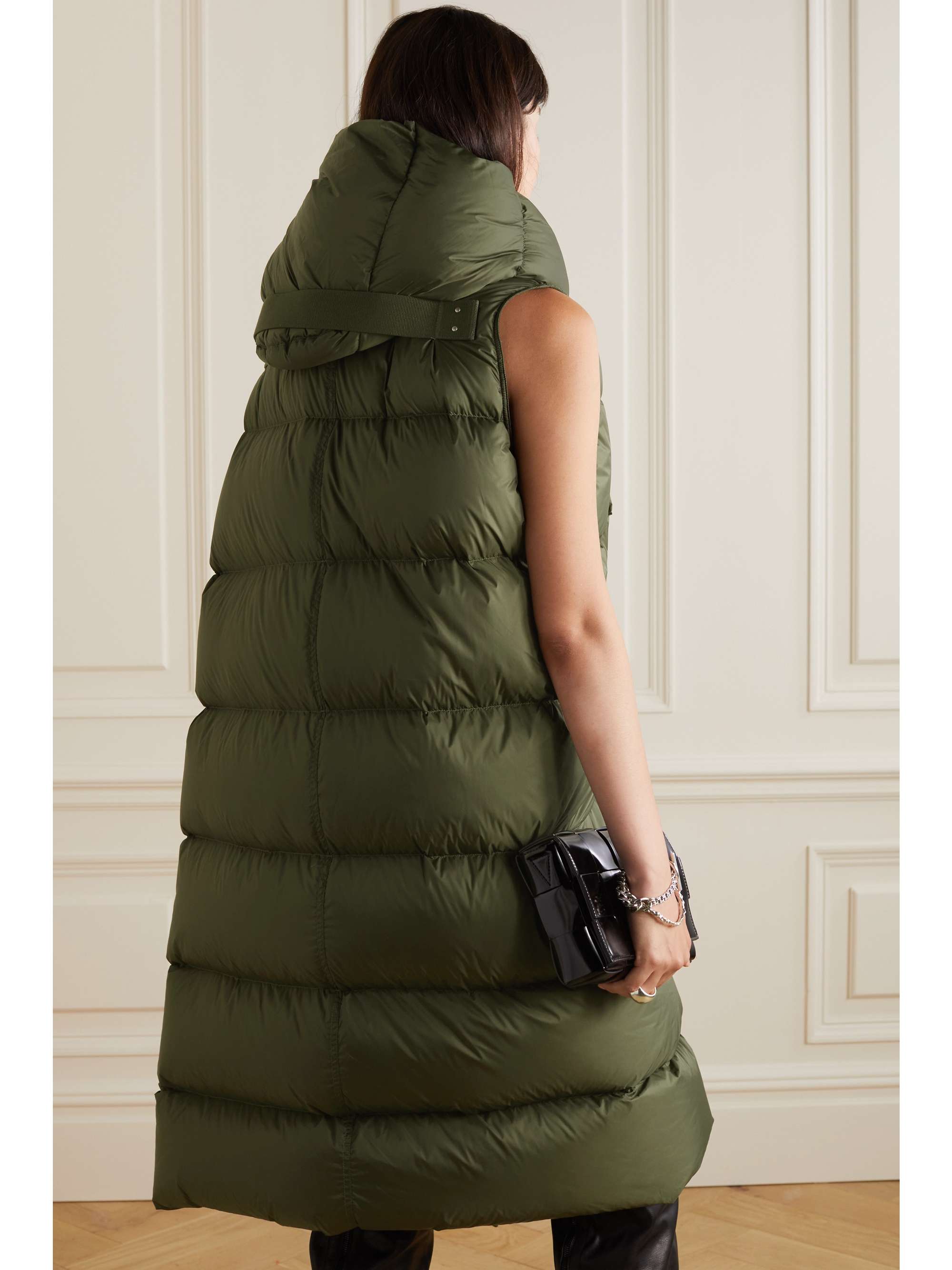 Oversized asymmetric hooded grosgrain-trimmed quilted shell down vest