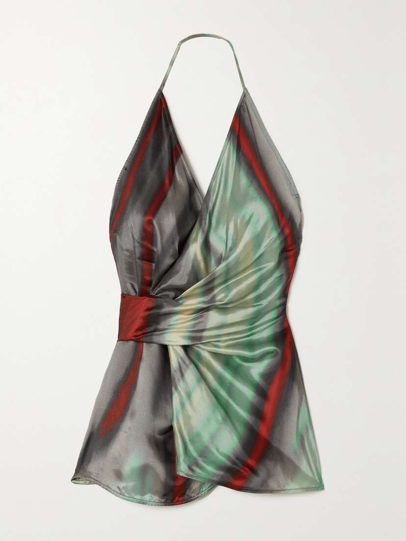 Rick Owens Laura Printed Satin Halterneck Wrap Top