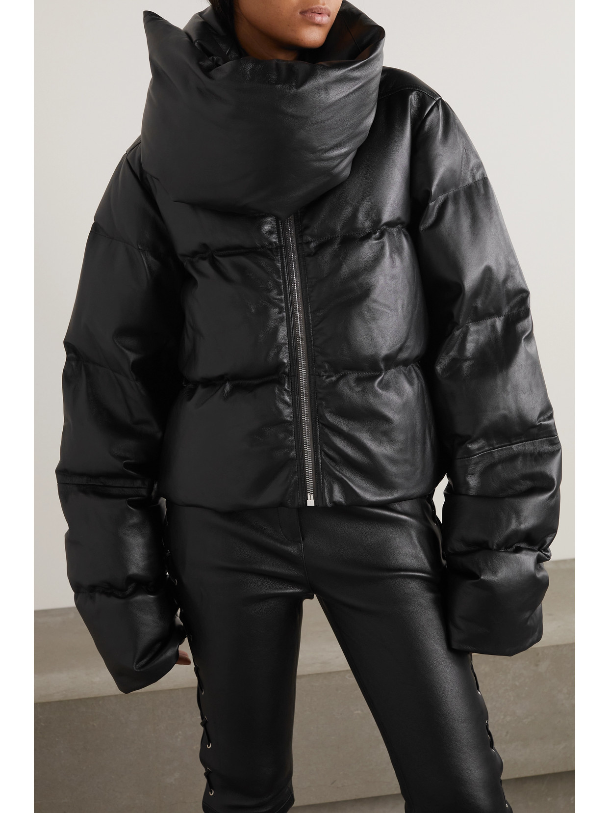 Rick Owens Quilted Funnel-neck Regular-fit Leather-down Jacket In Black