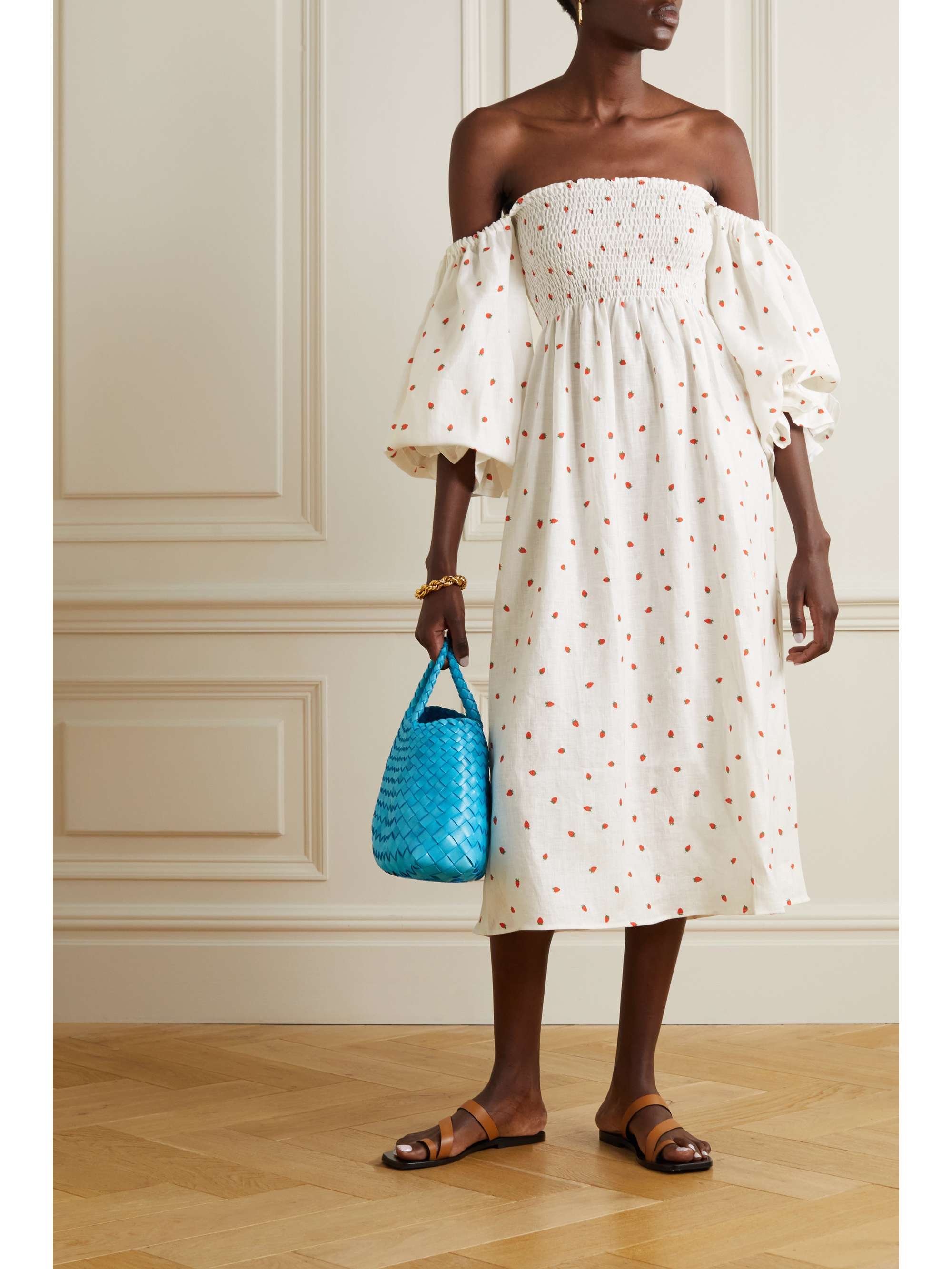 SLEEPER Atlanta offtheshoulder printed shirred linenvoile midi dress