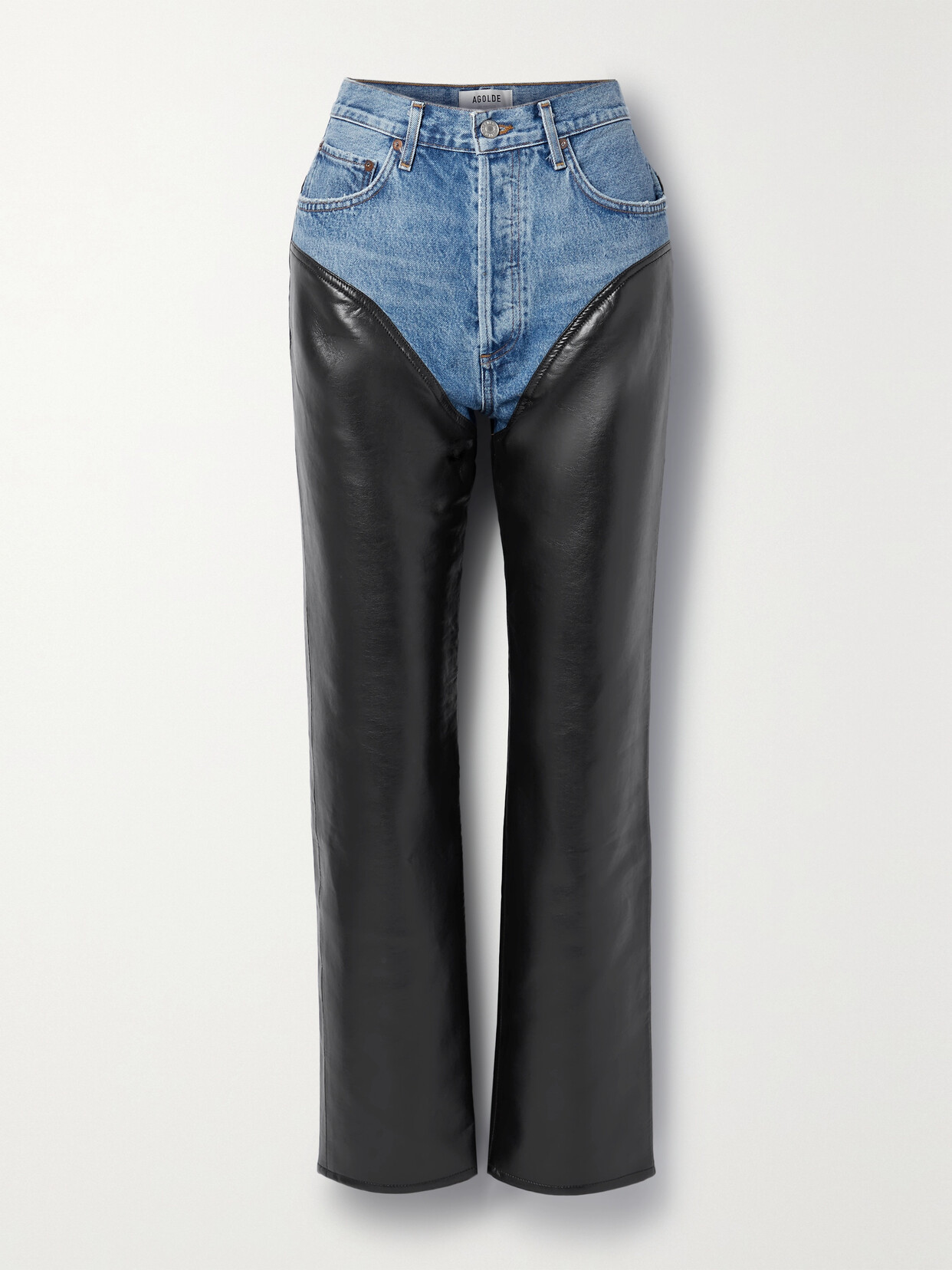 AGOLDE HARLEY DENIM AND RECYCLED LEATHER-BLEND STRAIGHT-LEG PANTS