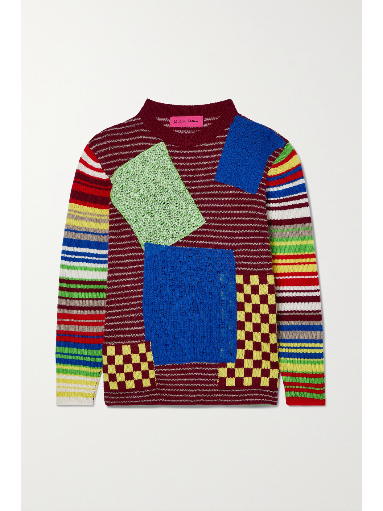 THE ELDER STATESMAN MOYEN PATCHWORK MERCERIZED WOOL AND CASHMERE-BLEND SWEATER
