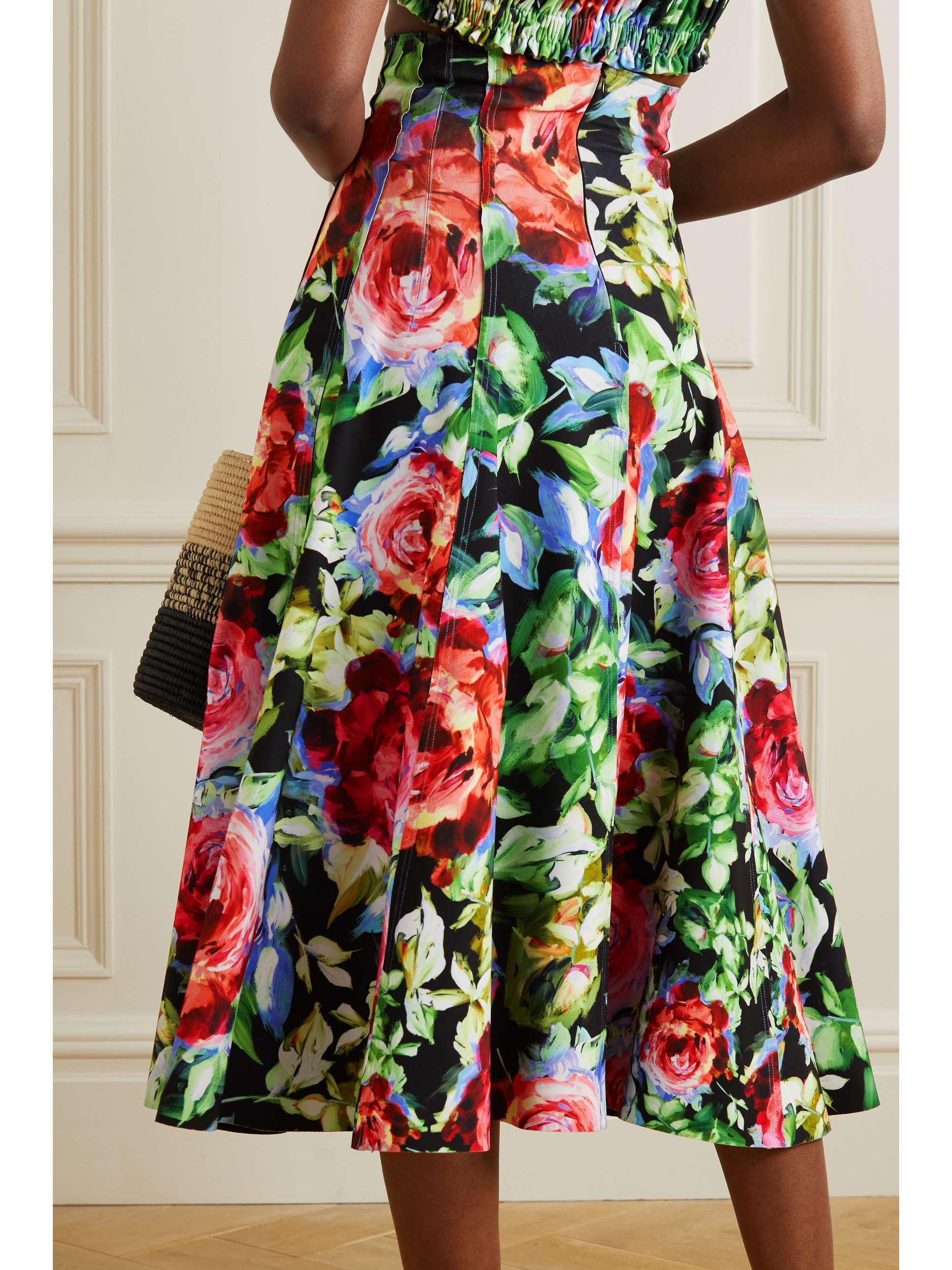 NORMA KAMALI Grace pleated floral-print stretch-jersey midi skirt