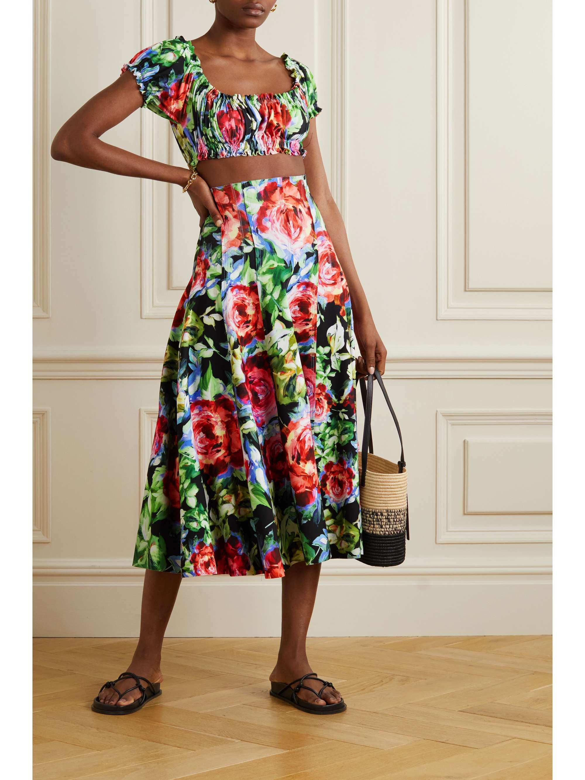 NORMA KAMALI Grace pleated floral-print stretch-jersey midi skirt