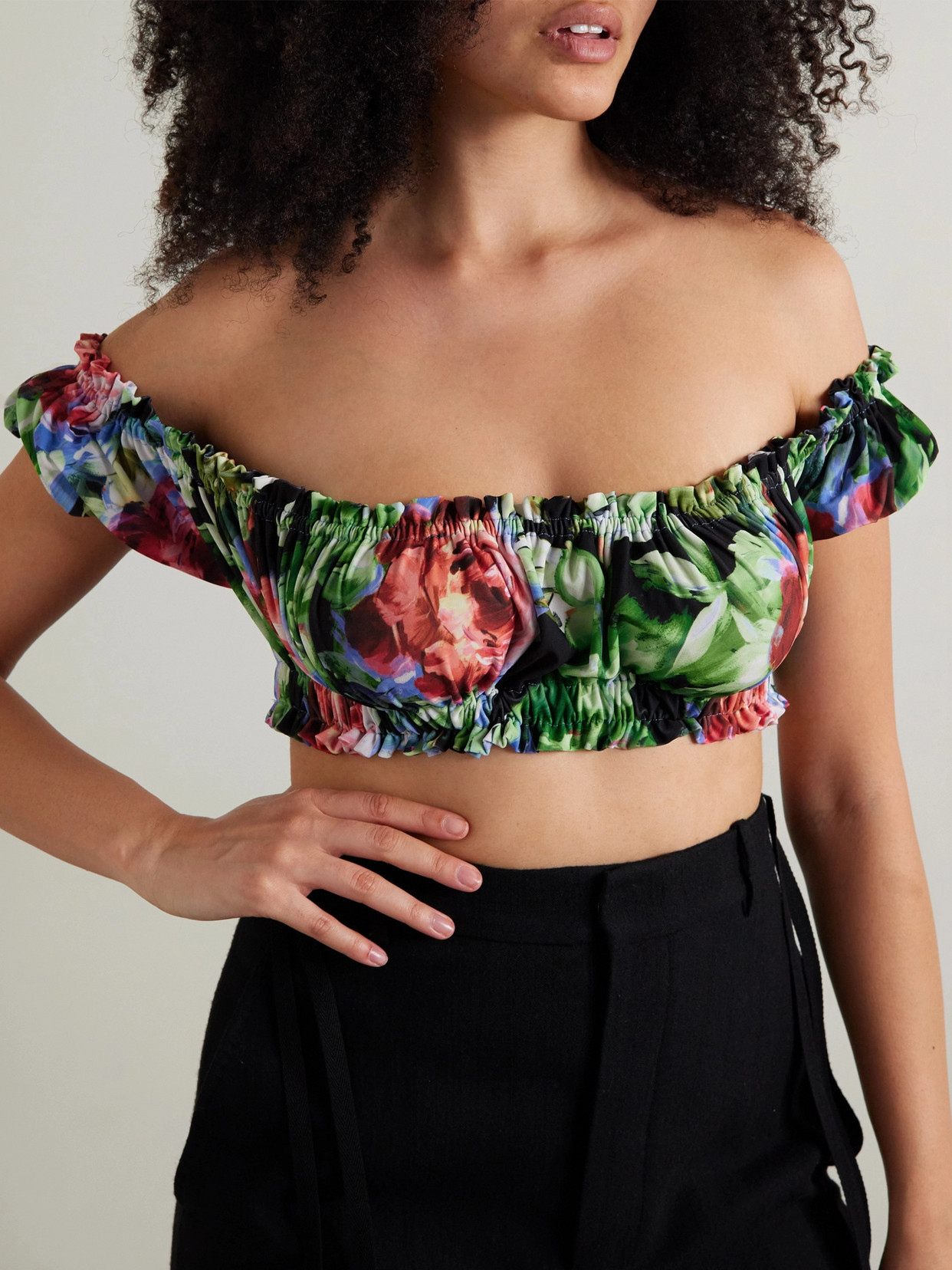 Jose Off-The-Shoulder Cropped Floral-Print Stretch-Jersey Top