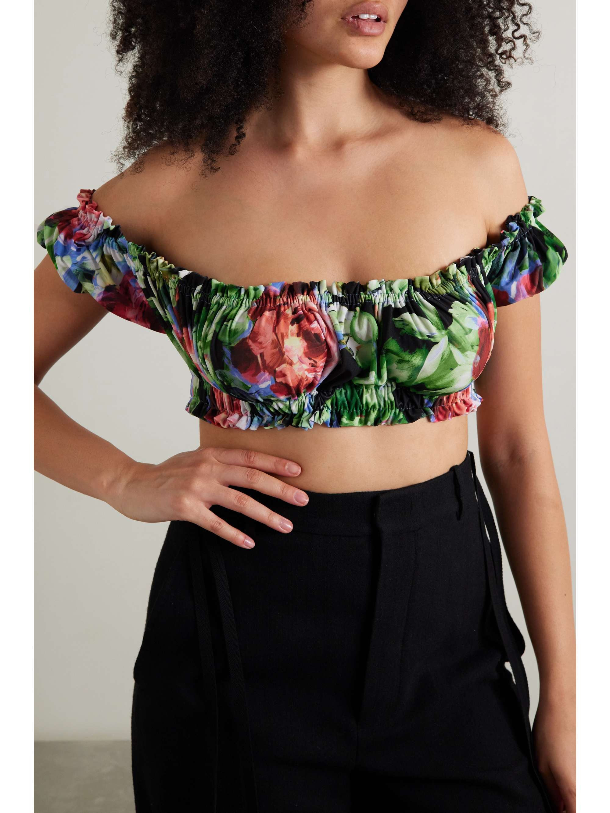 NORMA KAMALI Jose off-the-shoulder cropped floral-print stretch-jersey top