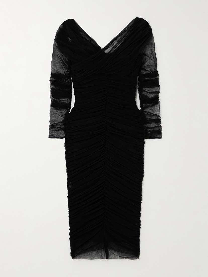 Dolce & Gabbana Off-the-shoulder Ruched Stretch Cotton-blend Tulle Midi Dress