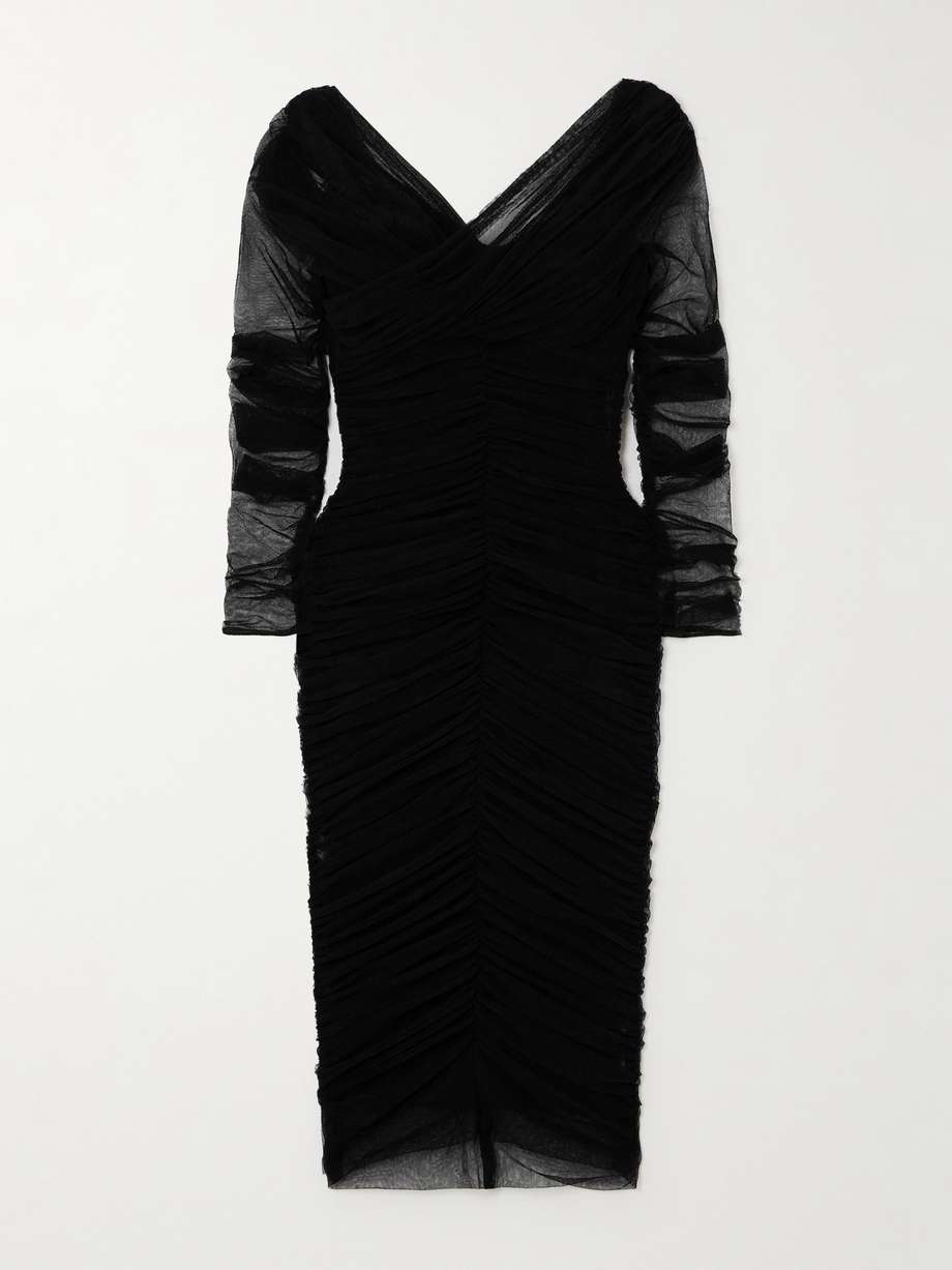 off-the-shoulder ruched stretch cotton-blend tulle midi dress