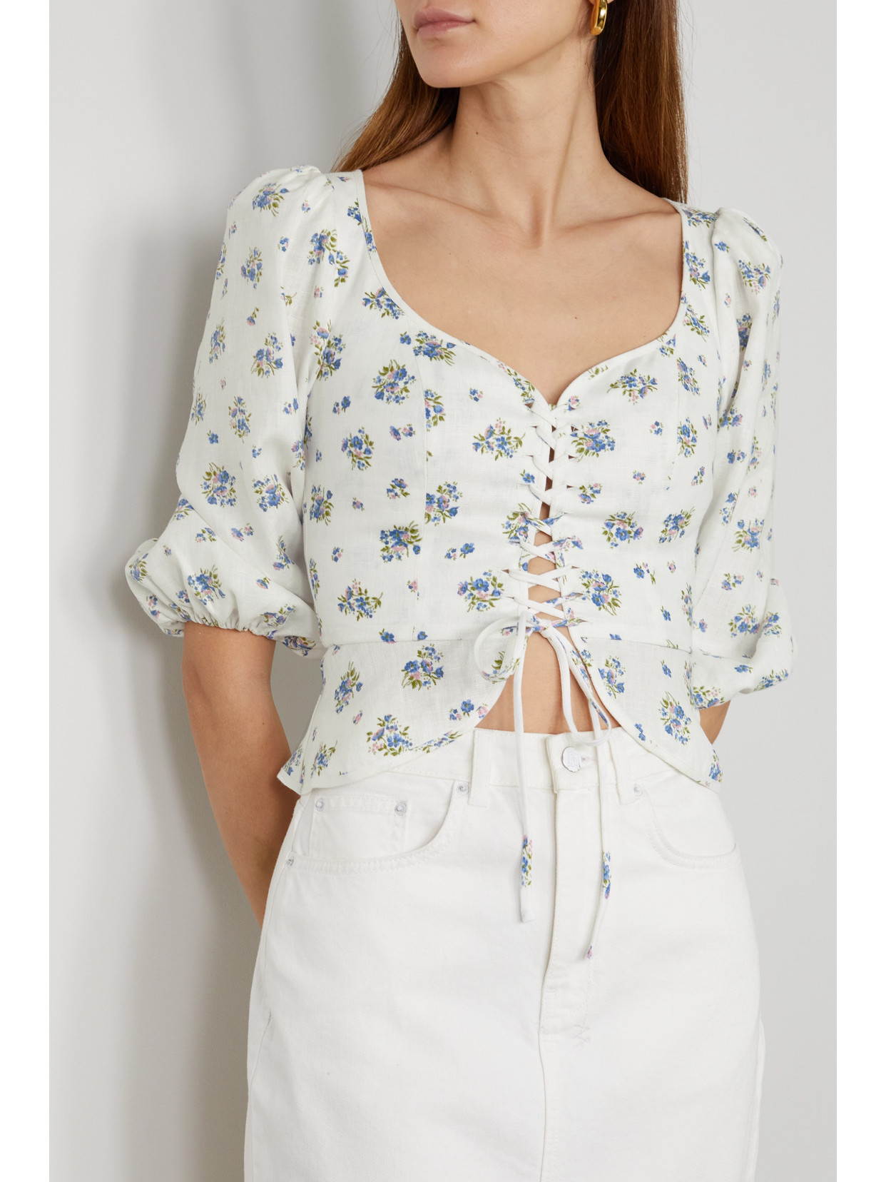 Reformation Barrett Laceup Floralprint Linen Top White Renoon