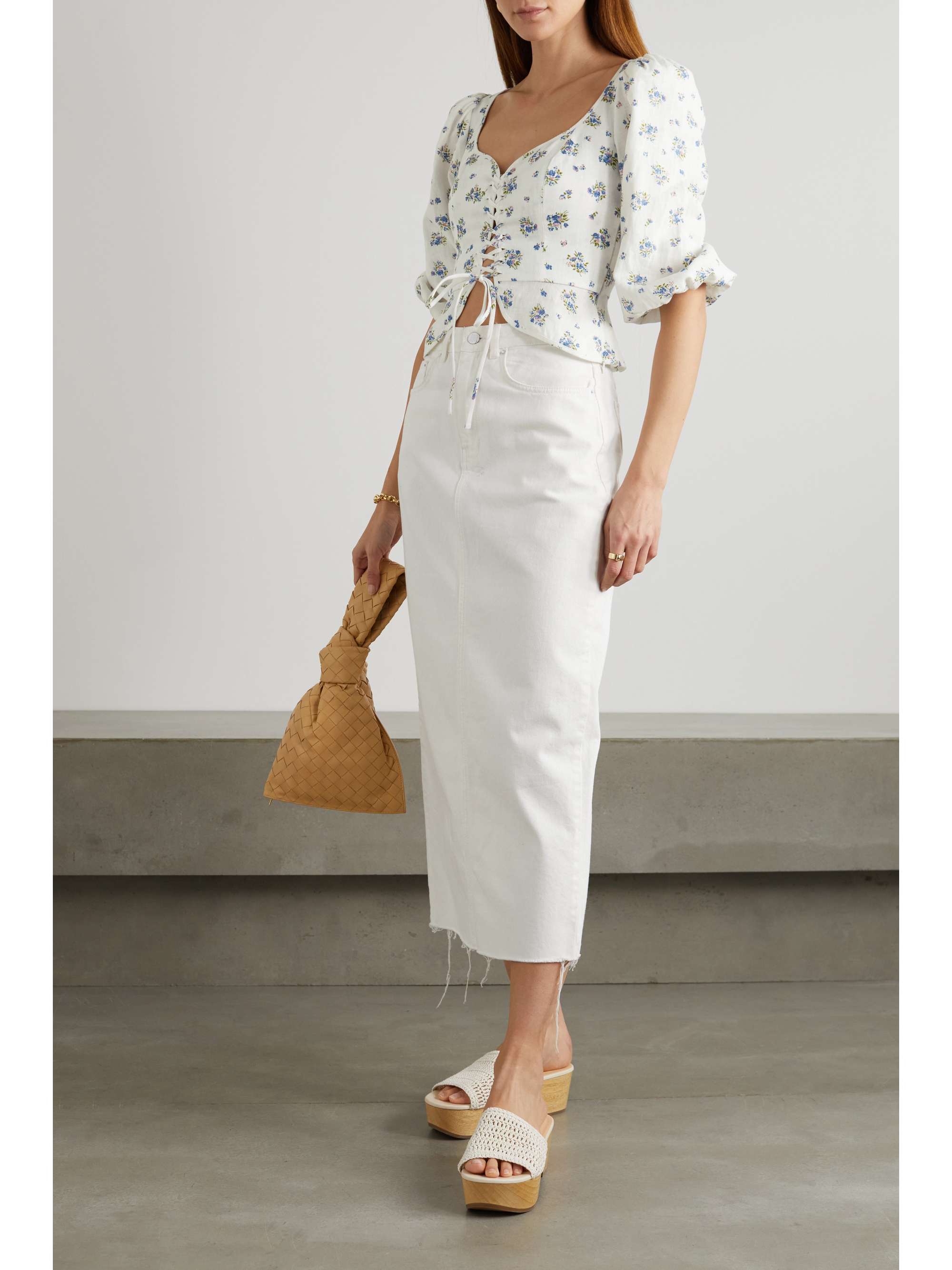 REFORMATION Barrett laceup floralprint linen top NETAPORTER
