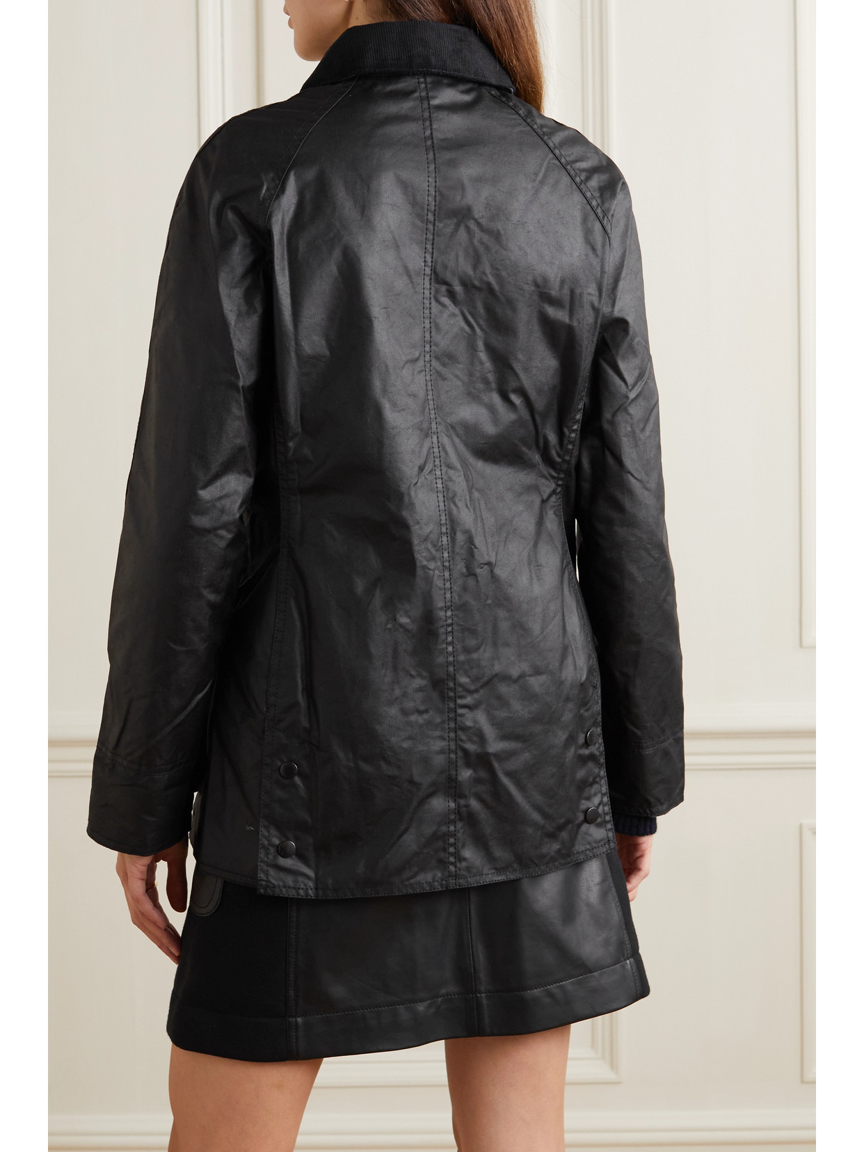 Barbour Beadnell Corduroy-trimmed Waxed-cotton Jacket In Black