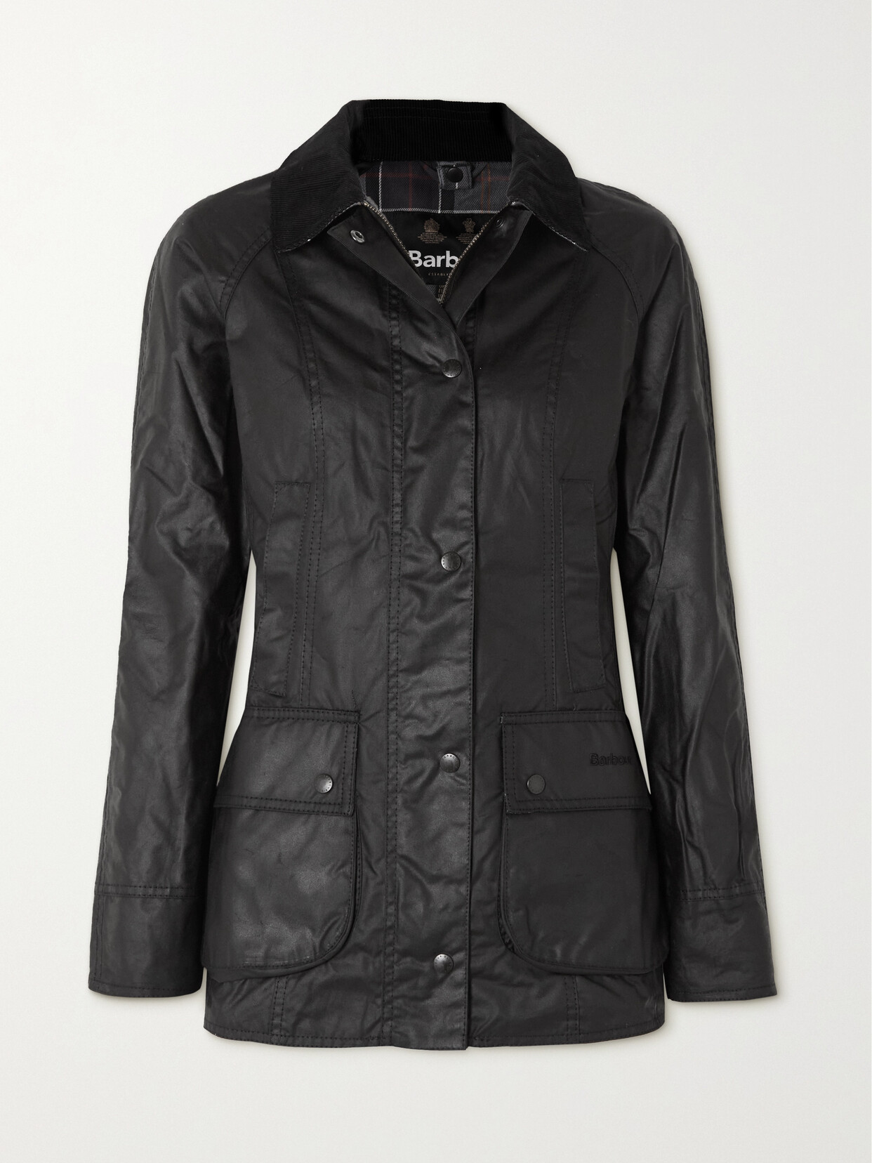 Barbour Beadnell Corduroy-trimmed Waxed-cotton Jacket In Black