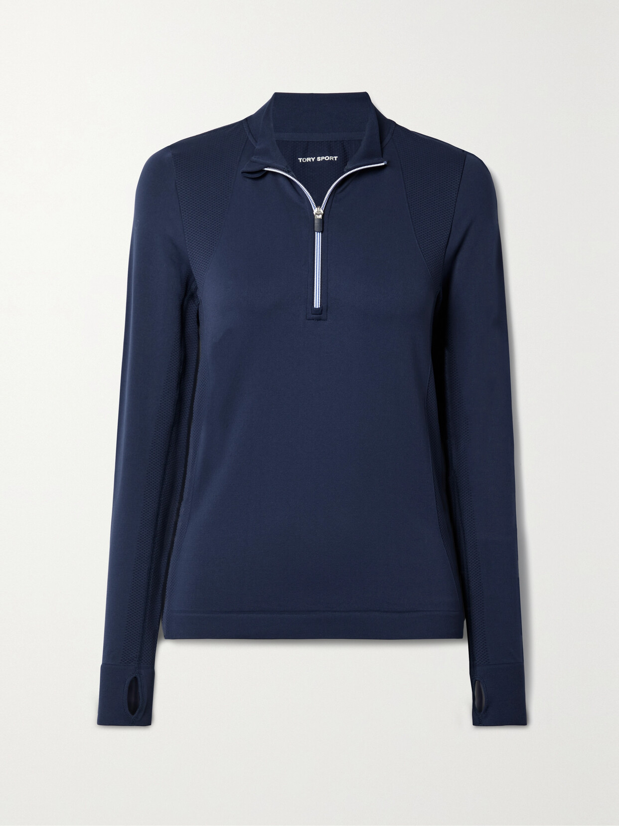 Tory Sport Seamless Piqué-trimmed Stretch-jersey Top In Blue