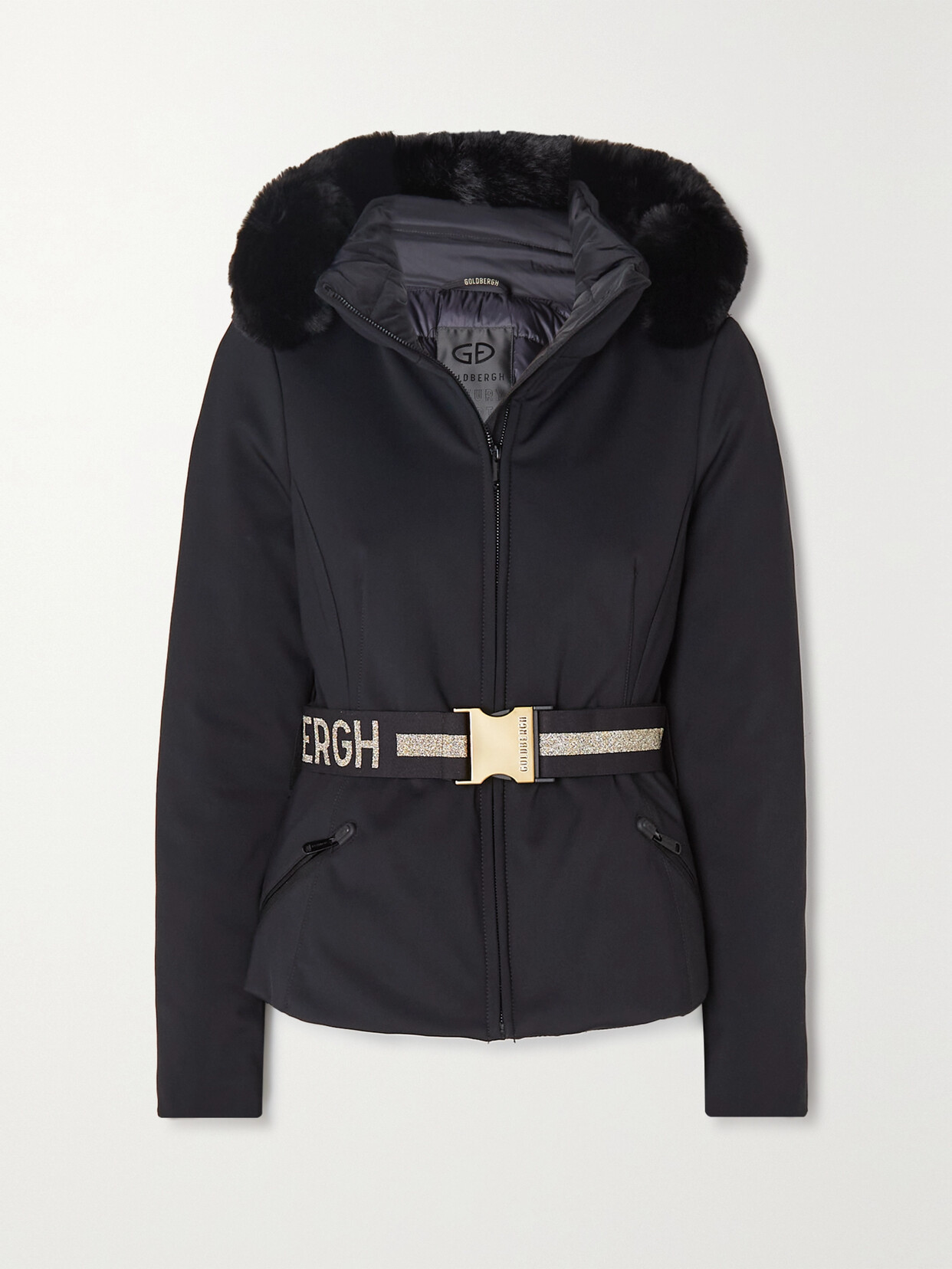 Goldbergh Hida Hooded Belted Faux Fur-trimmed Down Ski Jacket In Black