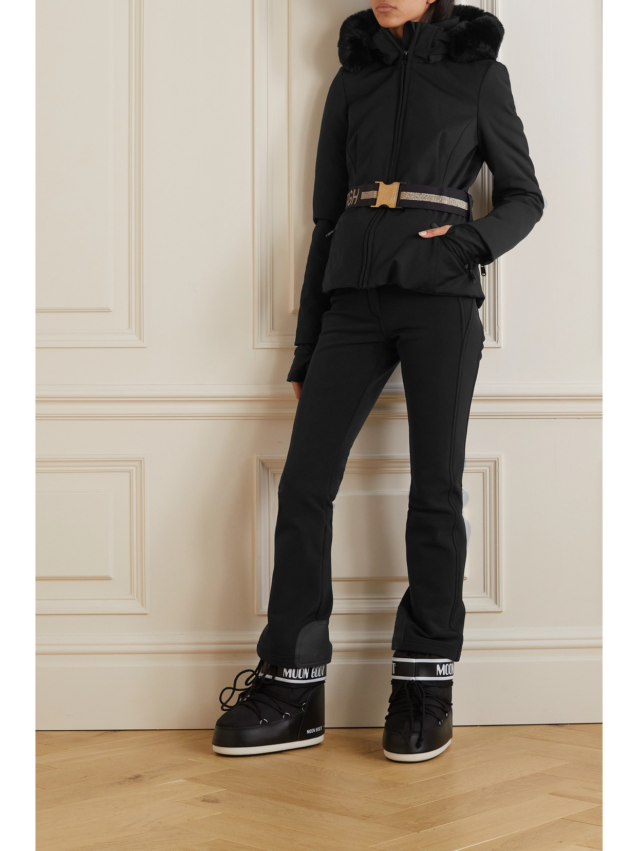 Hida Hooded Belted Faux Fur-Trimmed Down Ski Jacket