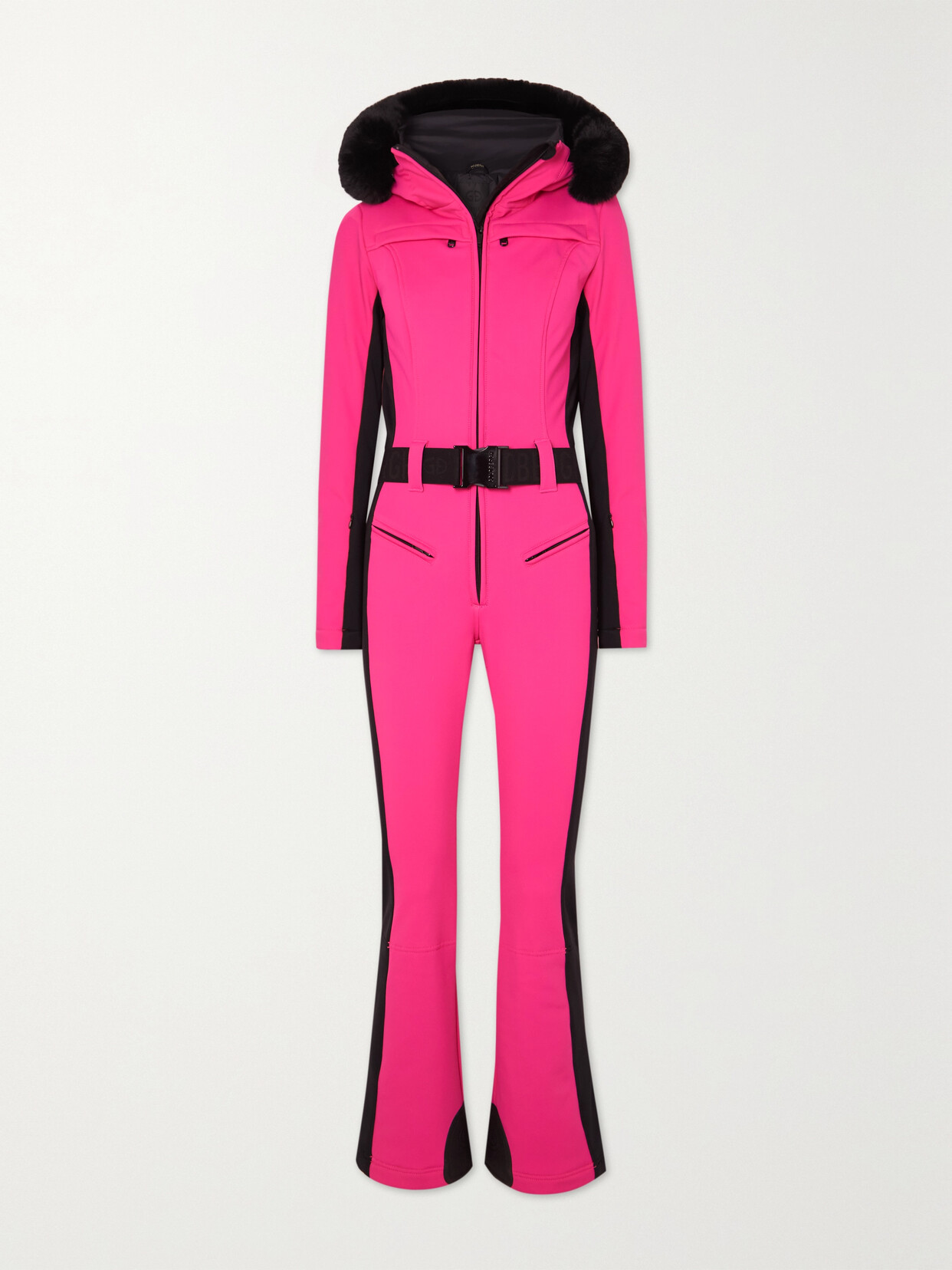 Shop Goldbergh Parry Belted Hooded Faux Fur-trimmed Ski Suit In Pink