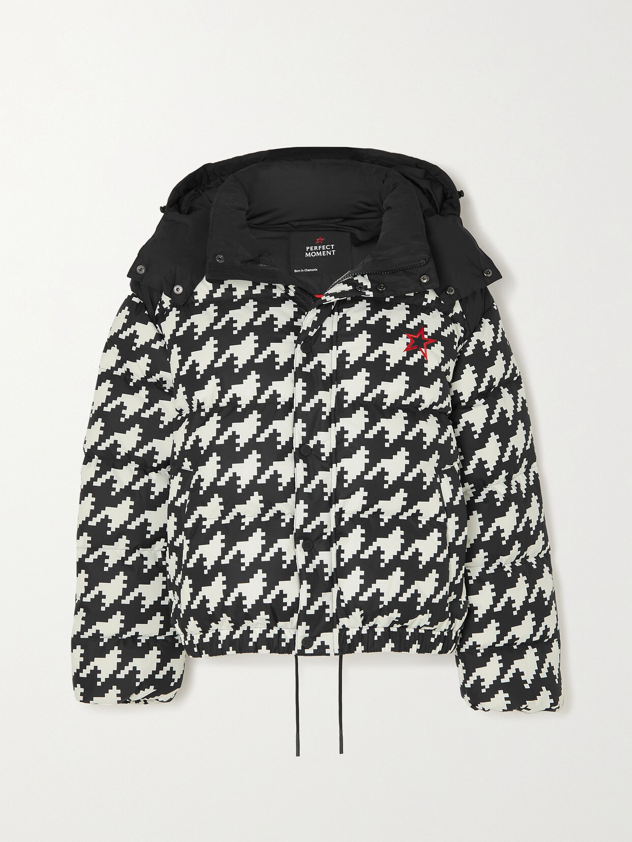 PERFECT MOMENT MOMENT HOUNDSTOOTH HOODED EMBROIDERED PADDED DOWN SKI JACKET