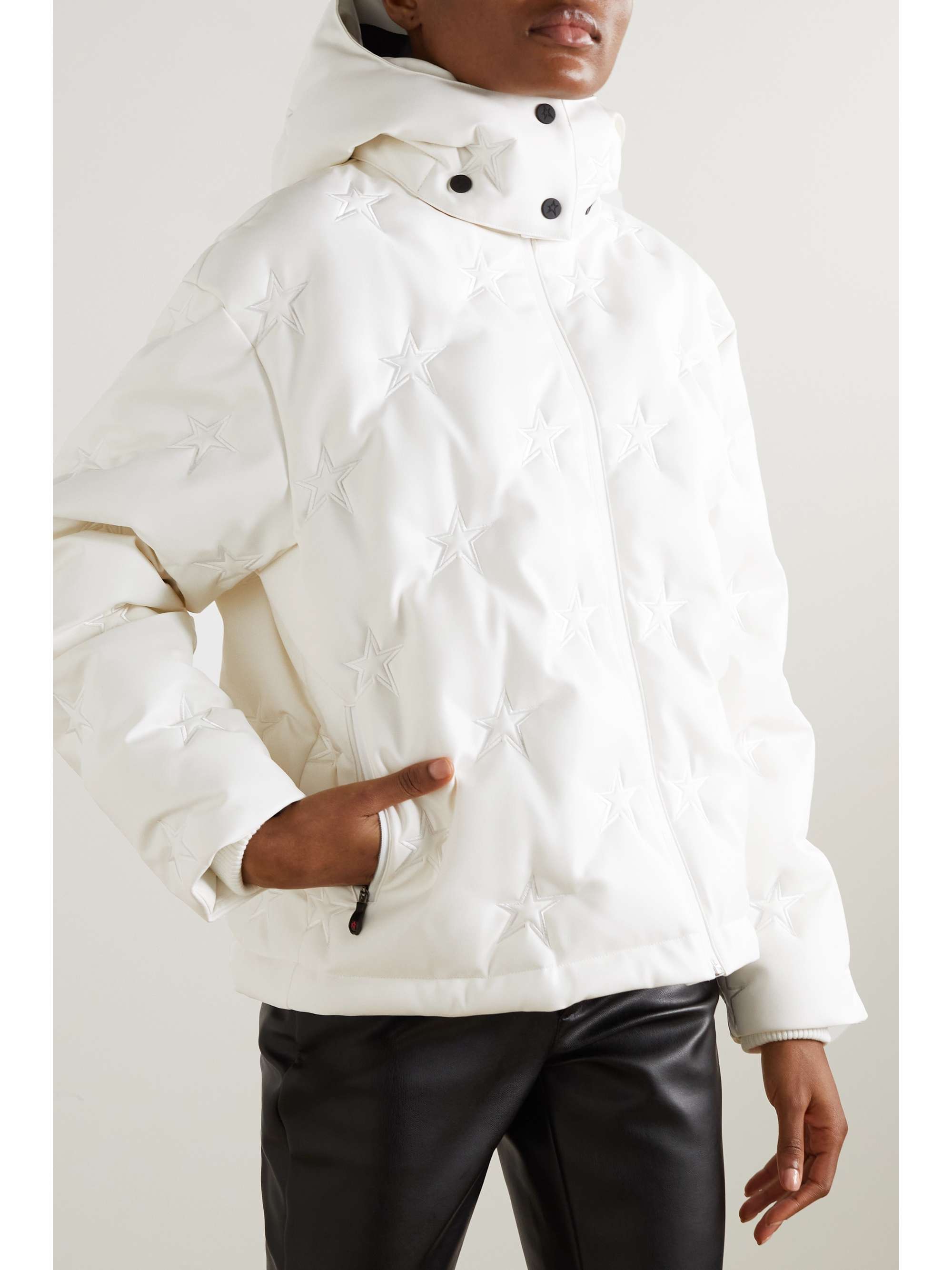 Supernova hooded embroidered quilted down ski jacket