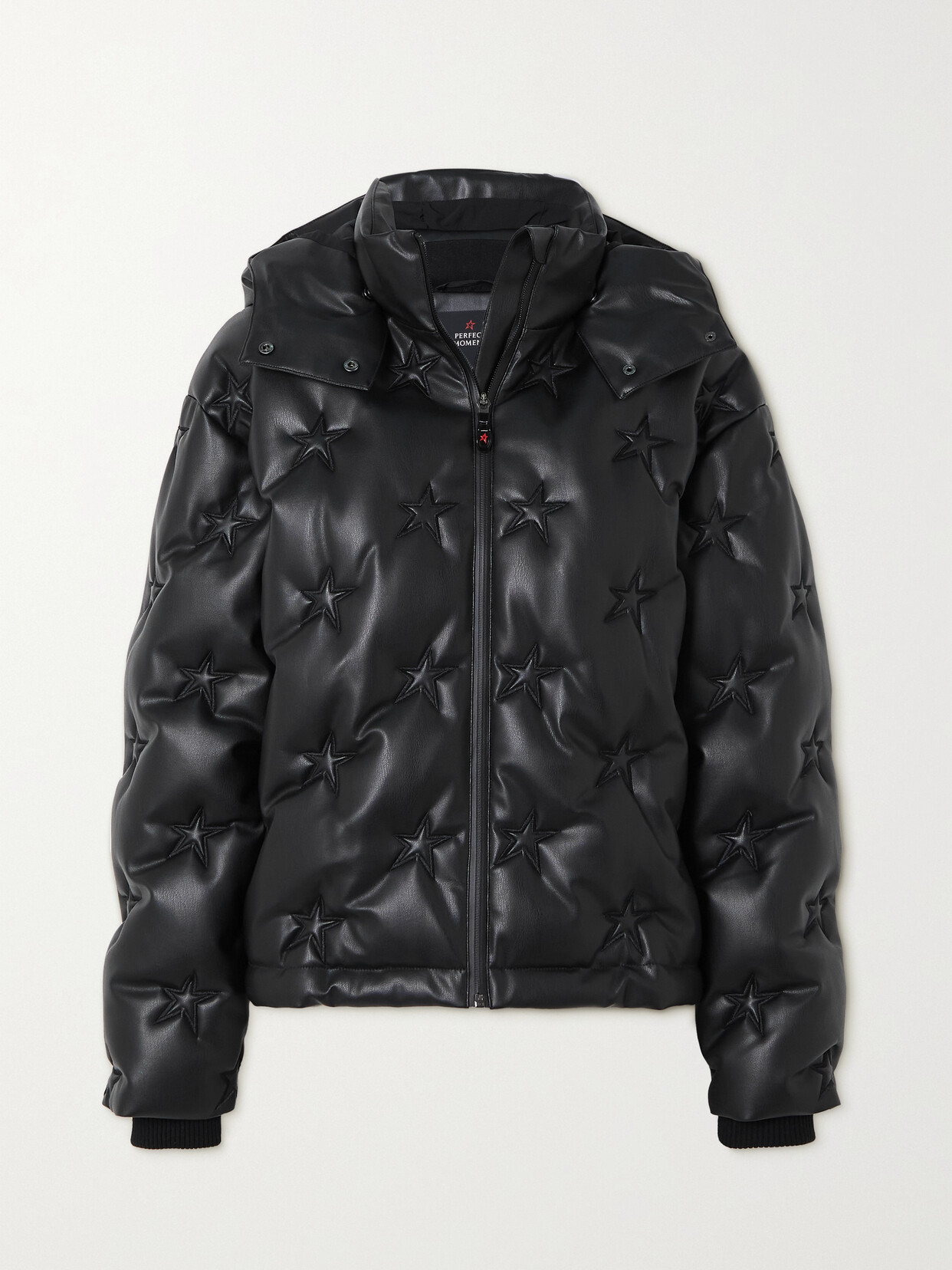 Perfect Moment - Supernova Duvet Hooded Embroidered Quilted Faux Leather Down Ski Jacket - Black