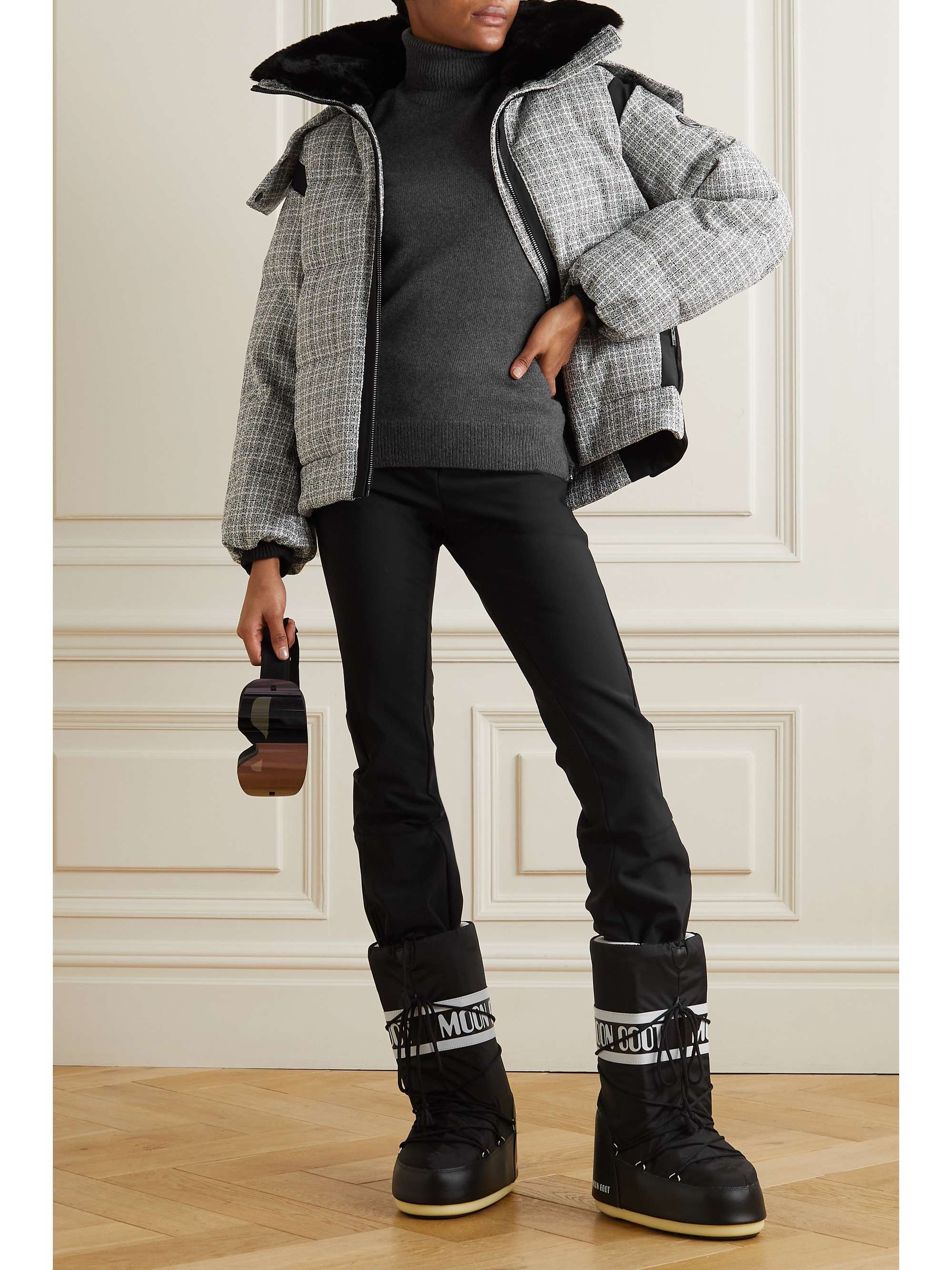 FUSALP Dolores gesteppte Skijacke aus Tweed mit Daunenfüllung, Kapuze und Faux-Fur-Besatz