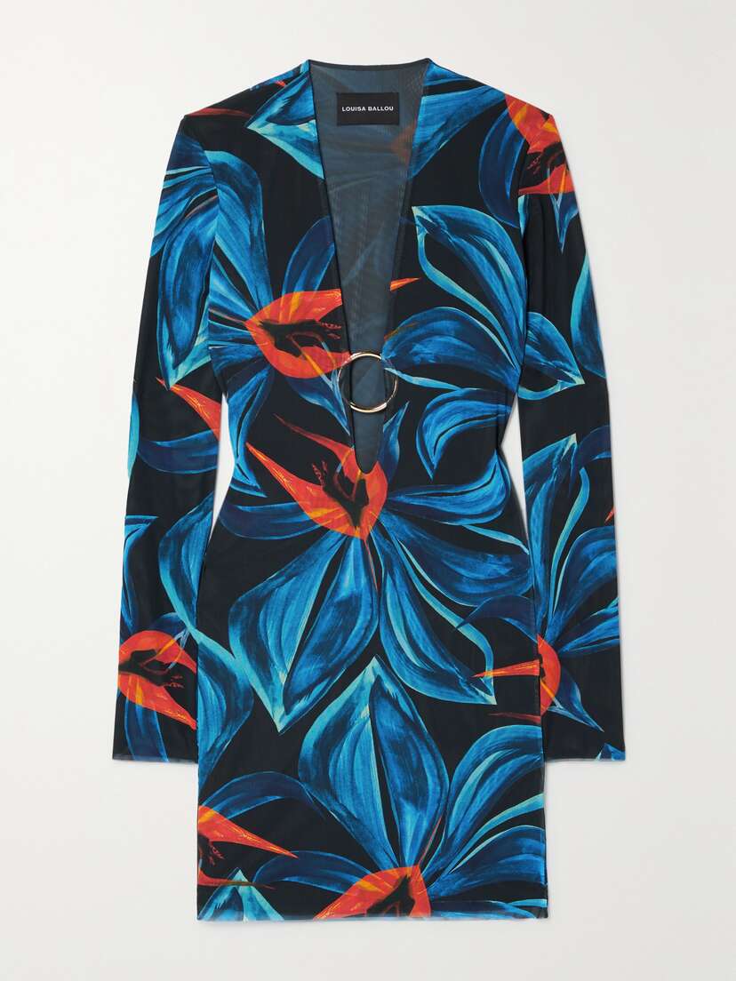 Louisa Ballou Helios Embellished Floral-print Stretch-mesh Mini Dress