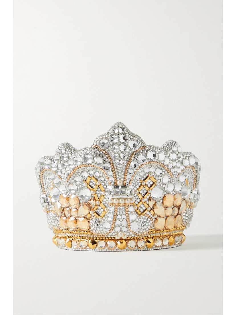Judith Leiber Couture Crown Jewels Crystal And Faux Pearl-embellished Silver-tone Clutch