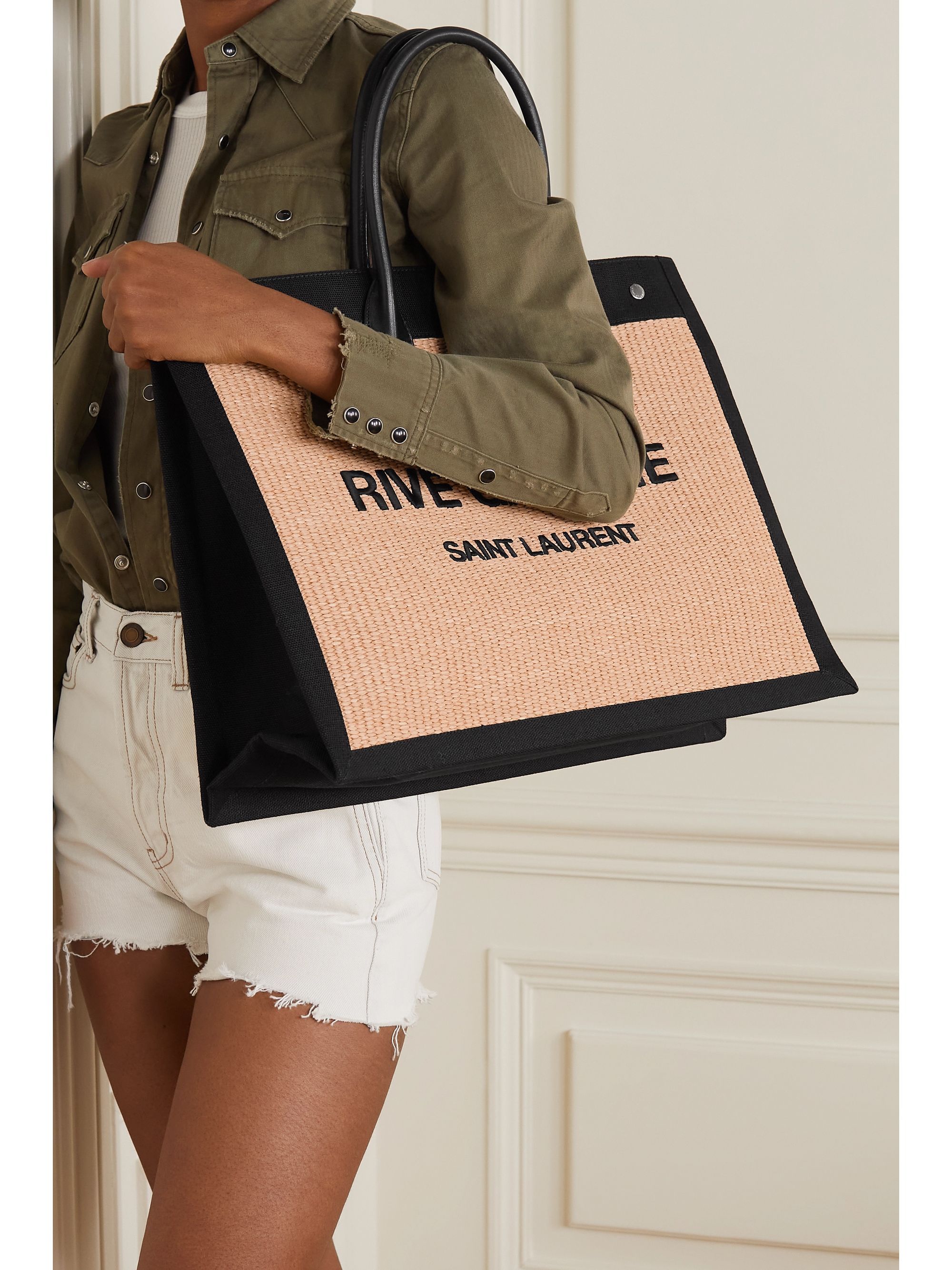 浅褐色noe 皮革边饰刺绣人造编织草帆布手提包 Net A Porter Saint Laurent Net A Porter 浅褐色noe 皮革边饰刺绣人造编织草帆布手提包 Net A Porter Saint Laurent Net A Porter