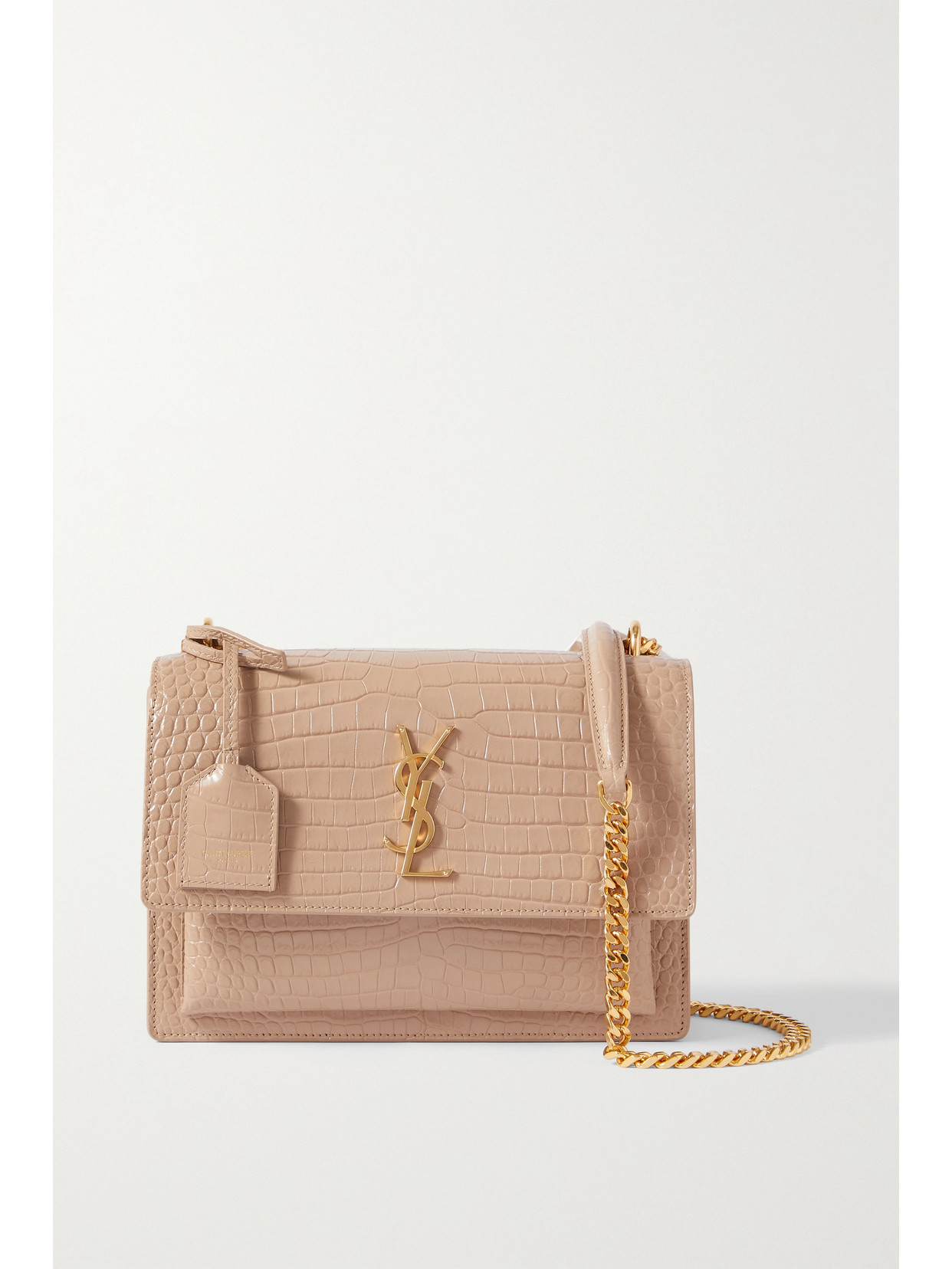 Saint Laurent Sunset Small Croc-effect Glossed-leather Shoulder Bag In Beige