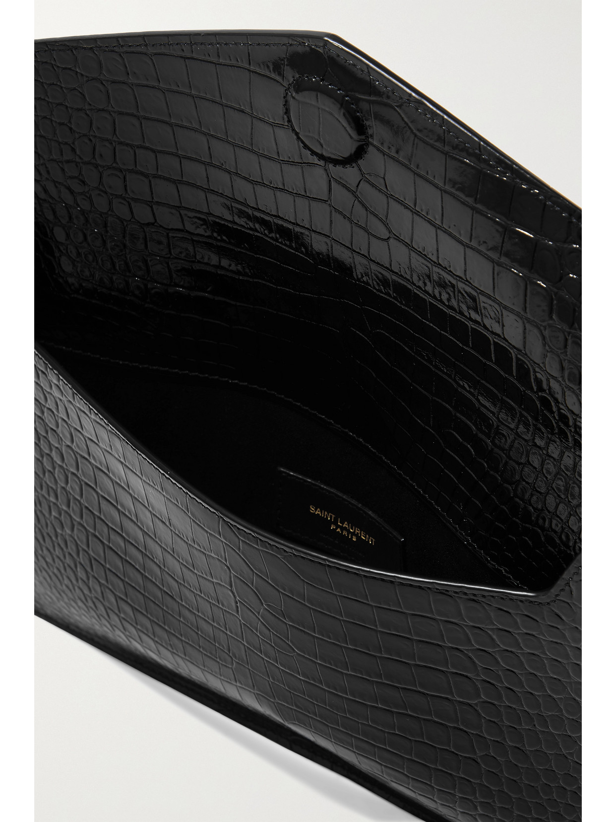 Shop Saint Laurent Uptown Croc-effect Patent-leather Pouch In Black