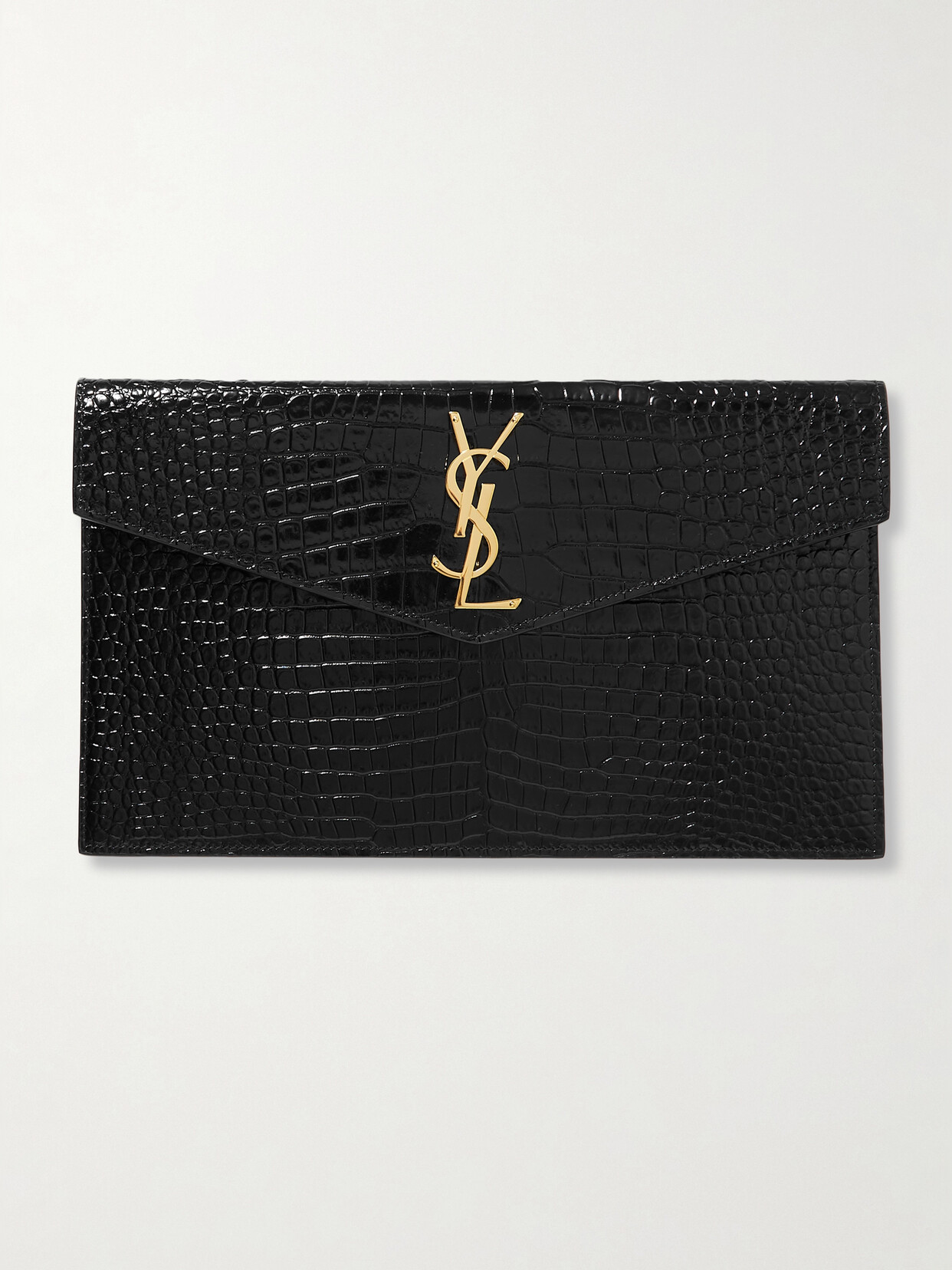 Saint Laurent Uptown Croc-effect Patent-leather Pouch In Black