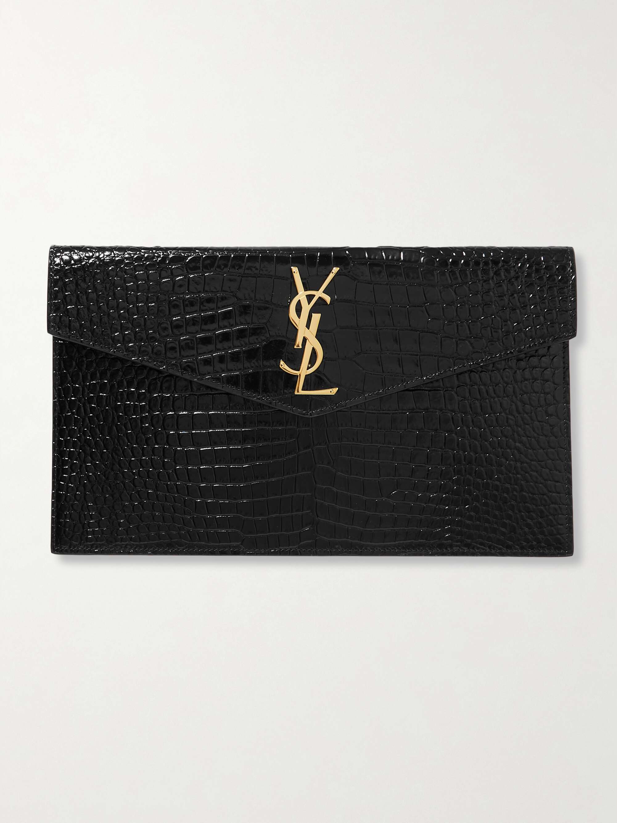 Saint Laurent Uptown Crocodile-Embossed Clutch Bag Black