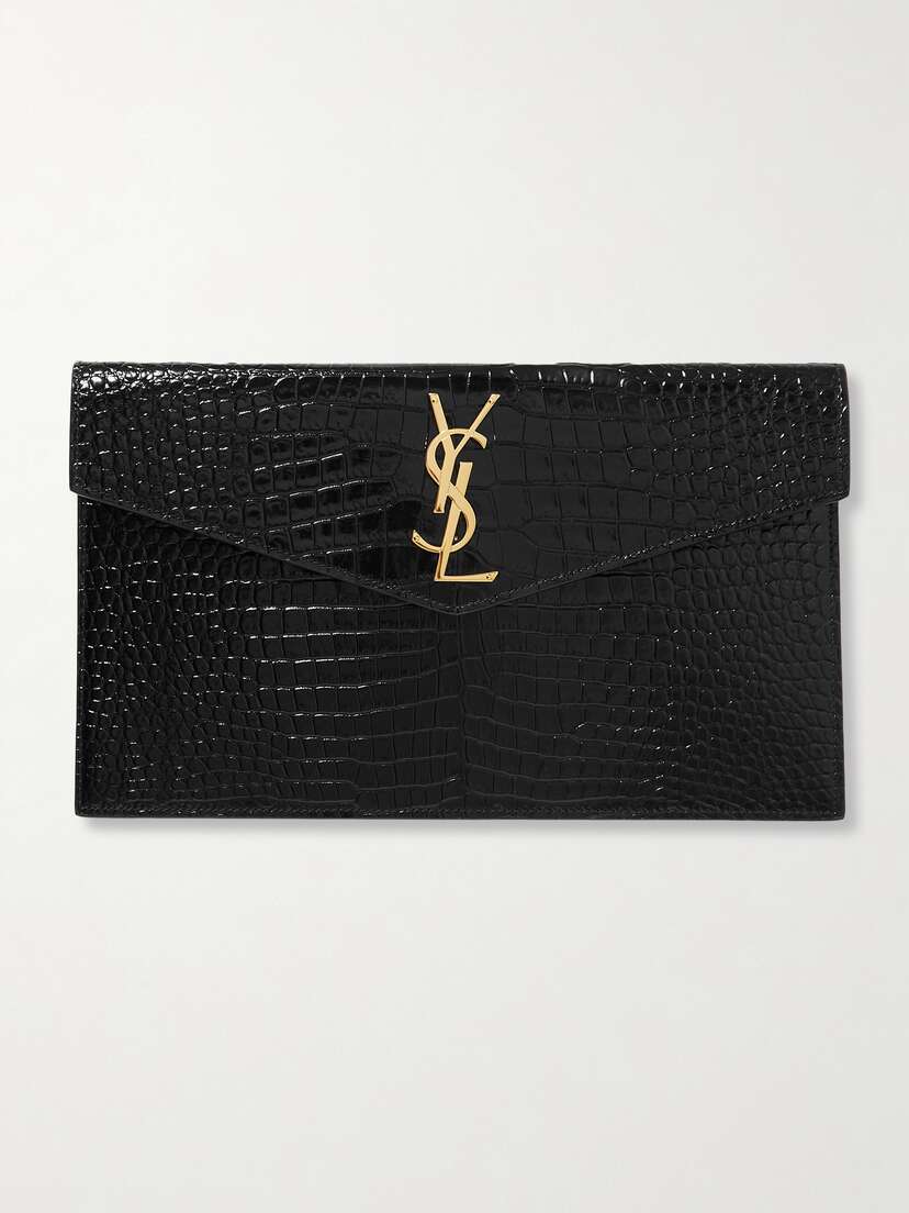 Saint Laurent Uptown Croc-effect Patent-leather Pouch