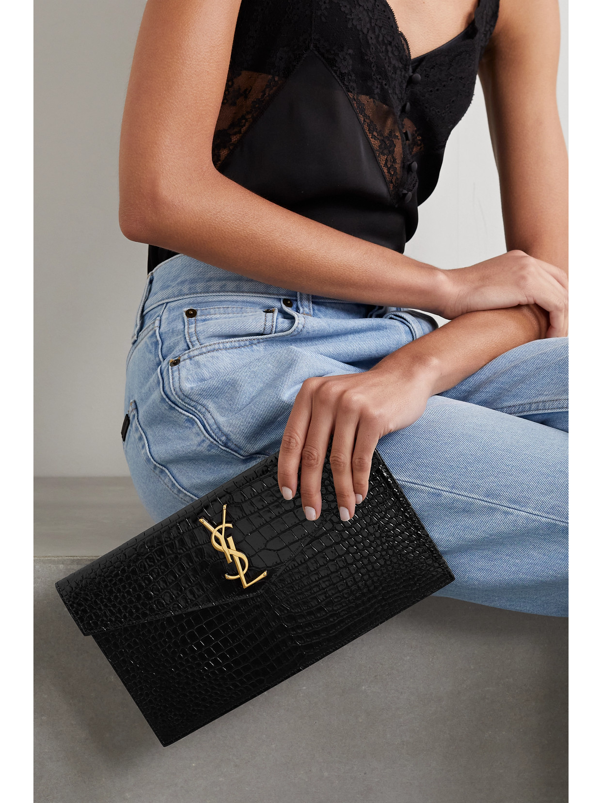 Shop Saint Laurent Uptown Croc-effect Patent-leather Pouch In Black