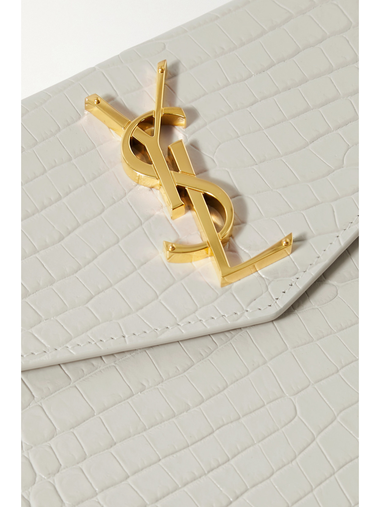 Shop Saint Laurent Uptown Croc-effect Leather Pouch In Off-white