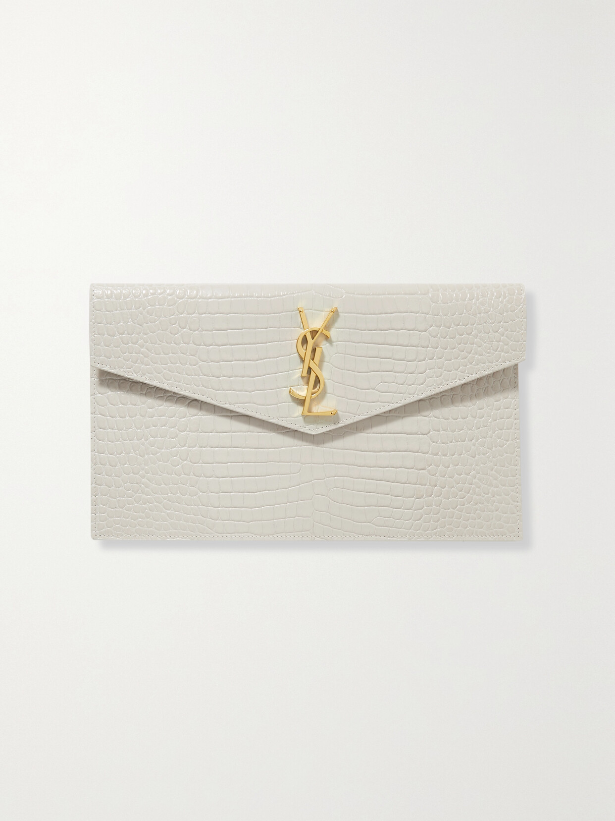 Saint Laurent Uptown Croc-effect Leather Pouch In Off-white