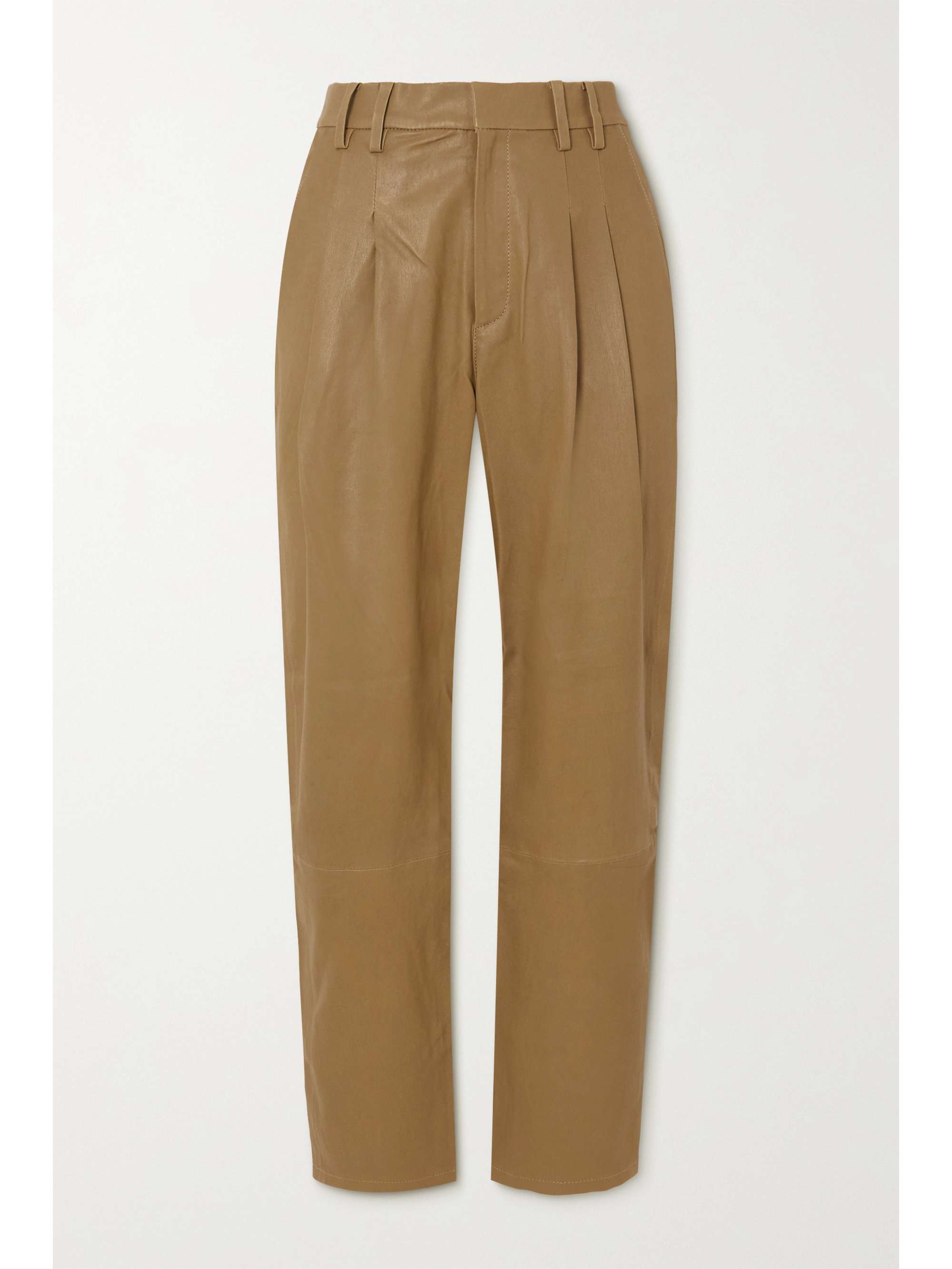 Beige Pleated leather tapered pants 