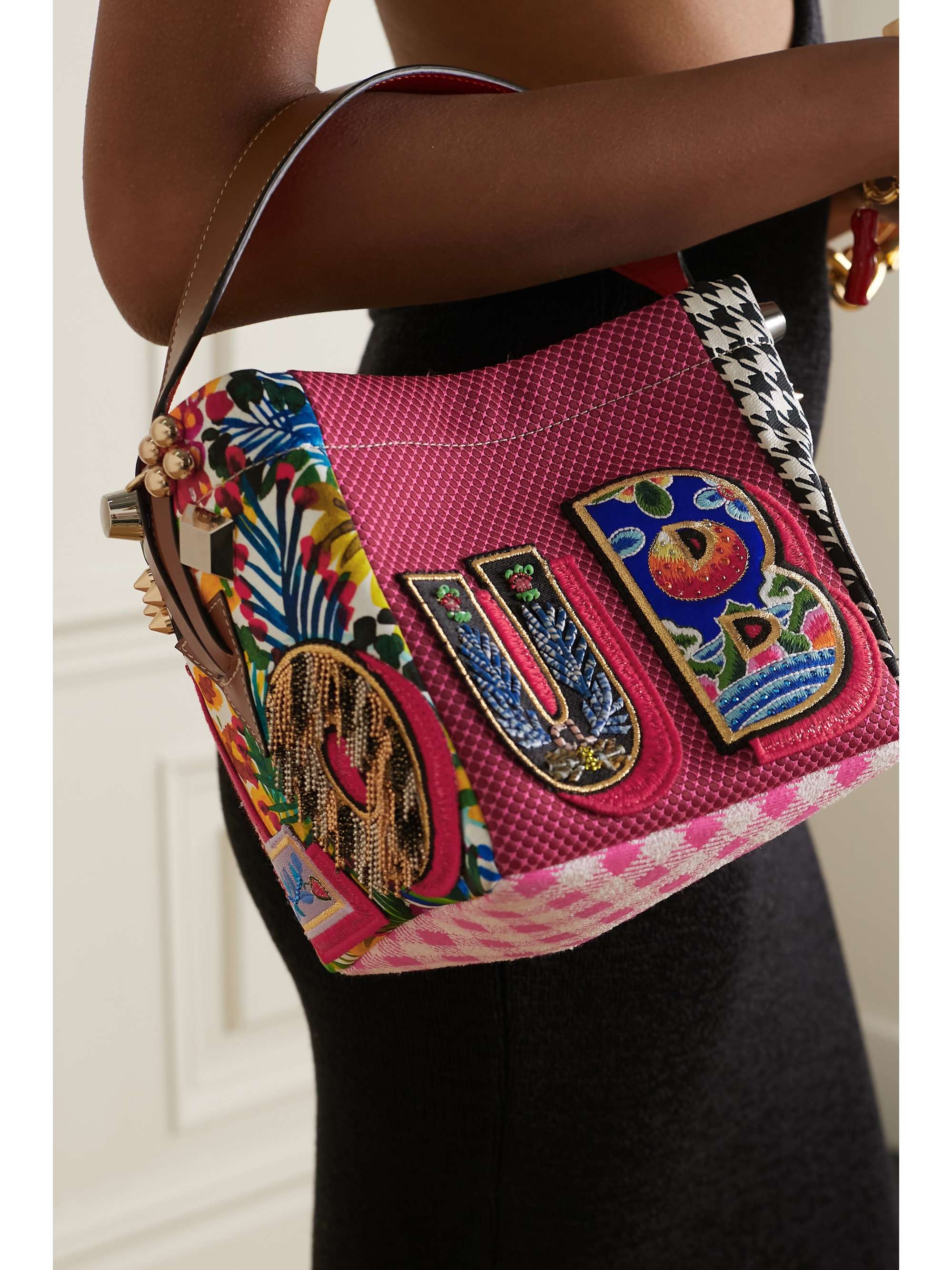 CHRISTIAN LOUBOUTIN Caracaba mini leather-trimmed appliquéd patchwork canvas tote