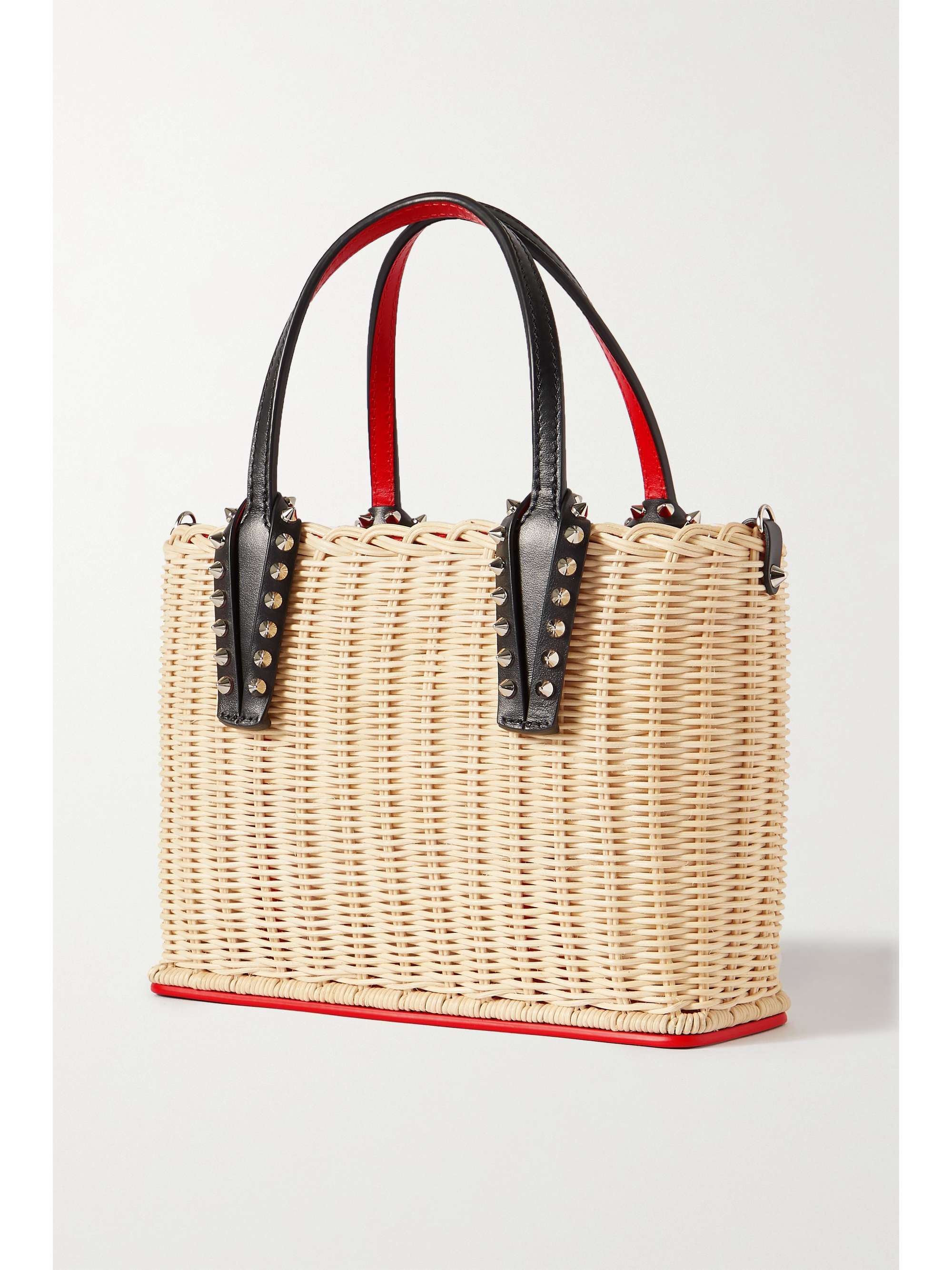 CHRISTIAN LOUBOUTIN Cabata mini spiked leather-trimmed rattan tote ...