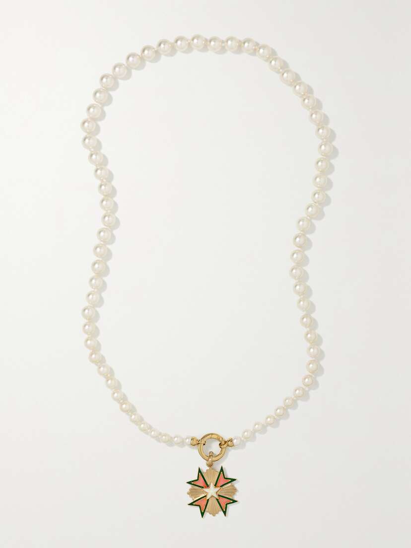 Storrow Emmeline 14-karat Gold, Enamel, Pearl And Quartz Necklace