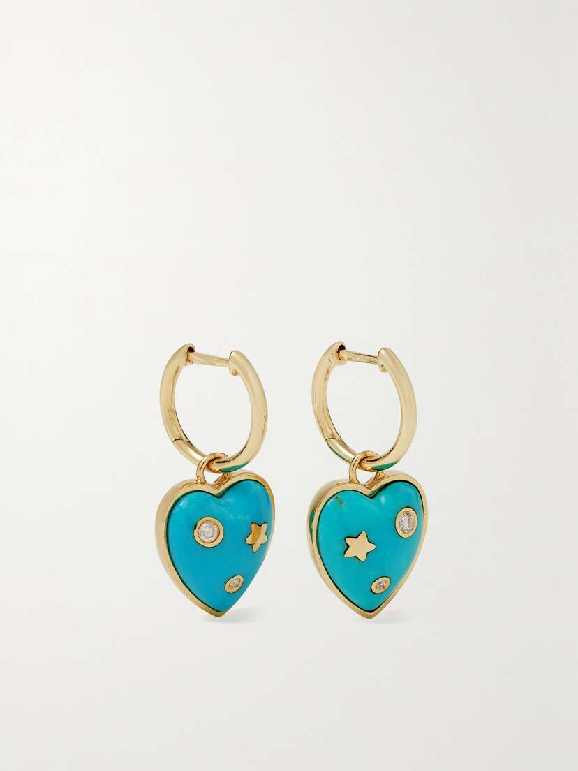 Storrow Anne Huggie 14-karat Gold, Turquoise And Diamond Hoop Earrings