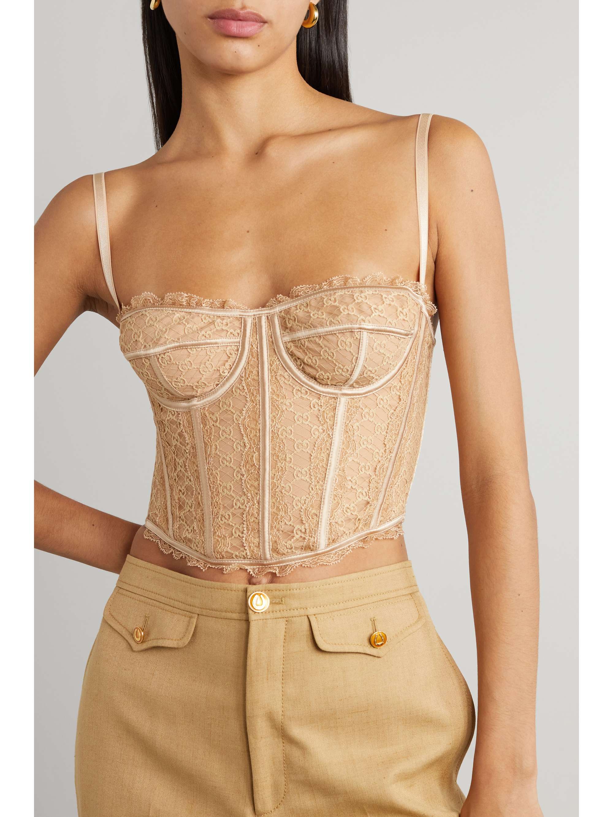 GUCCI Love Parade silk-blend satin-trimmed lace bustier top | NET-A-PORTER