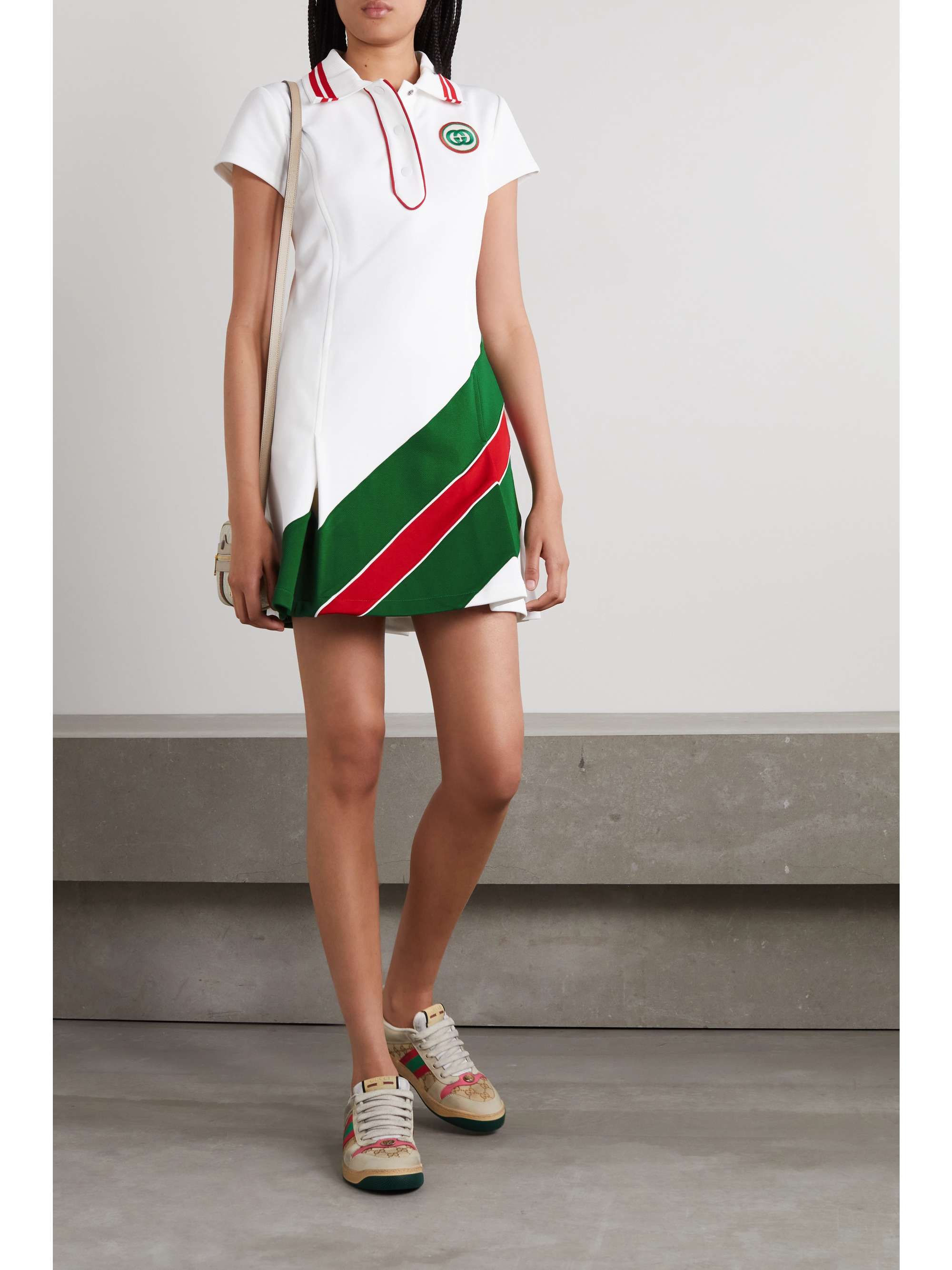 White Pleated striped piqué mini dress 