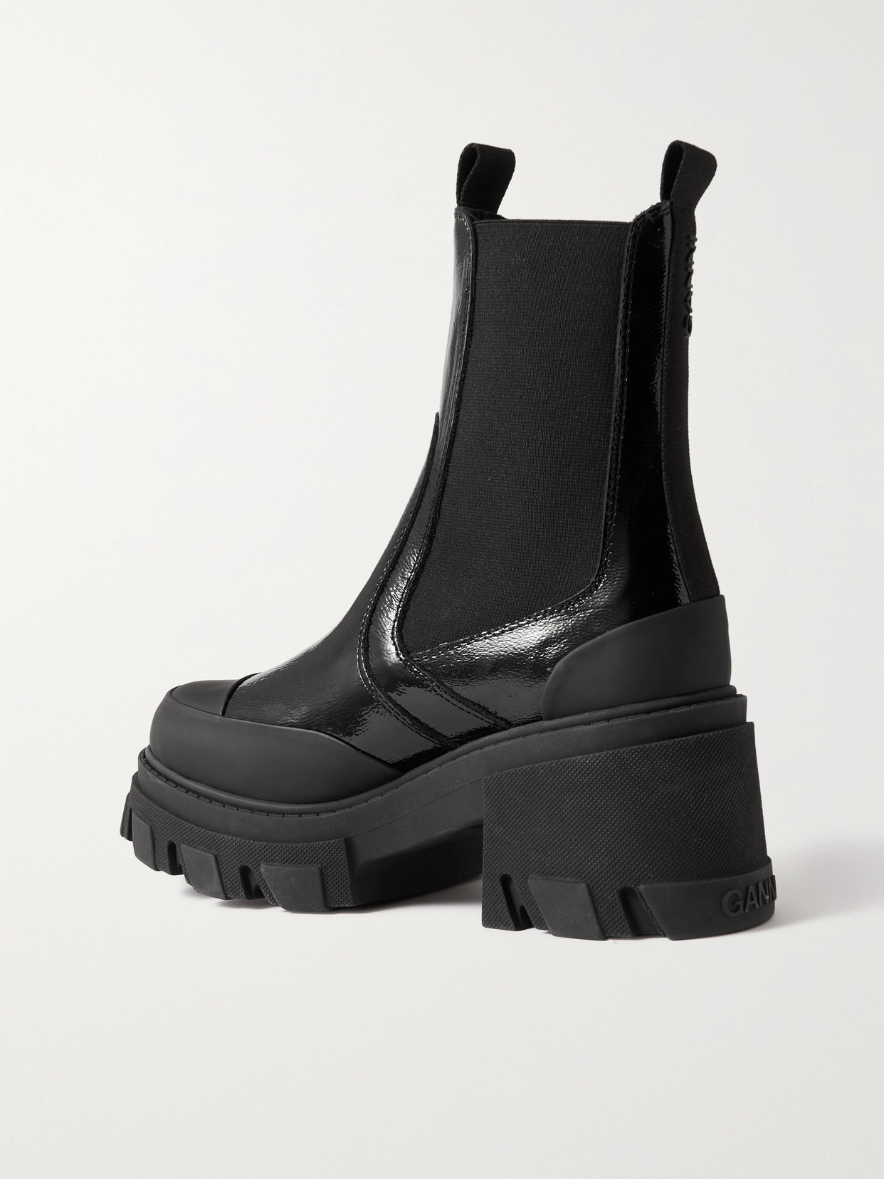 Shop Ganni Patent-leather Platform Chelsea Boots In Black