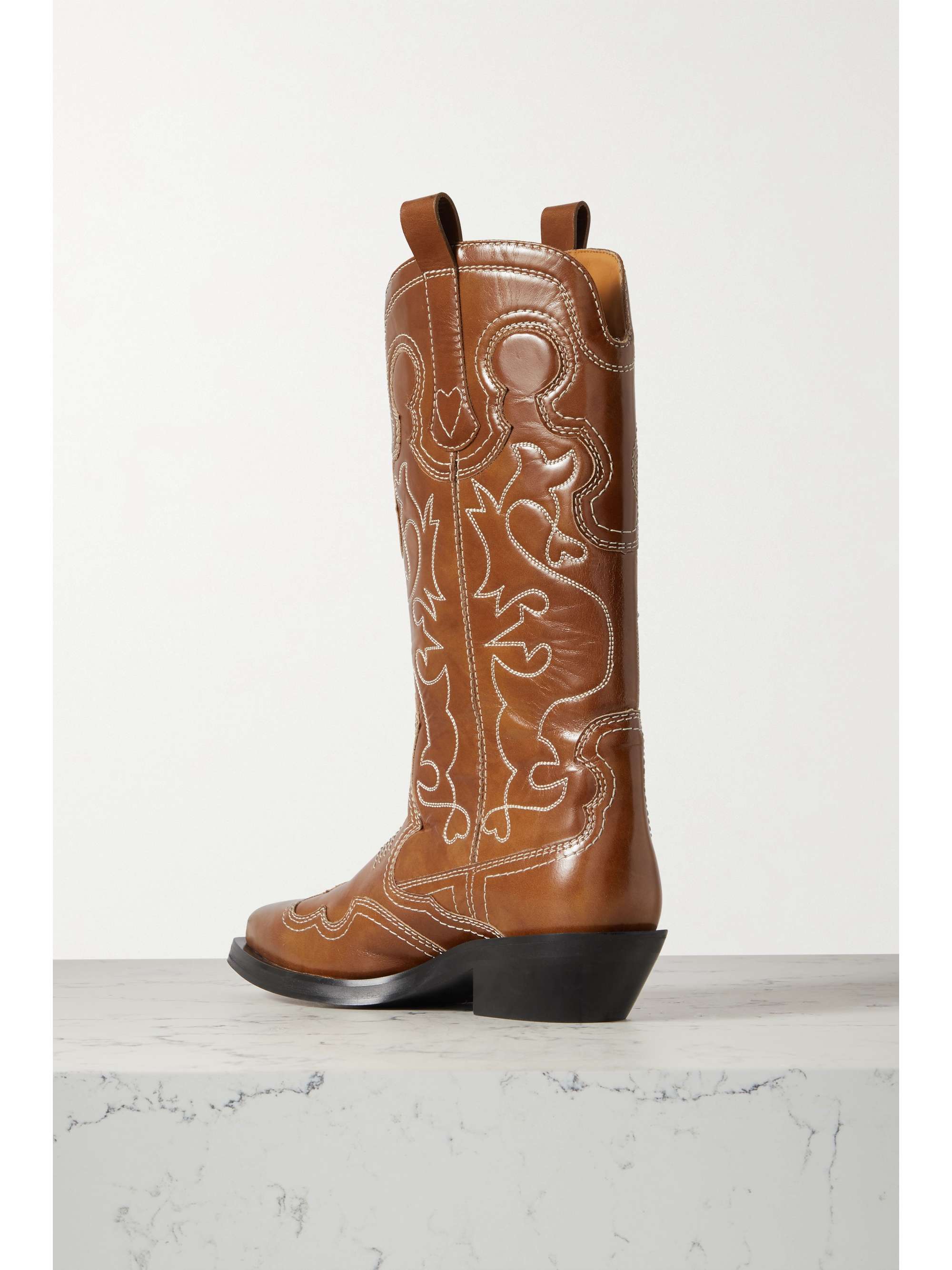 Tan Embroidered leather knee boots 