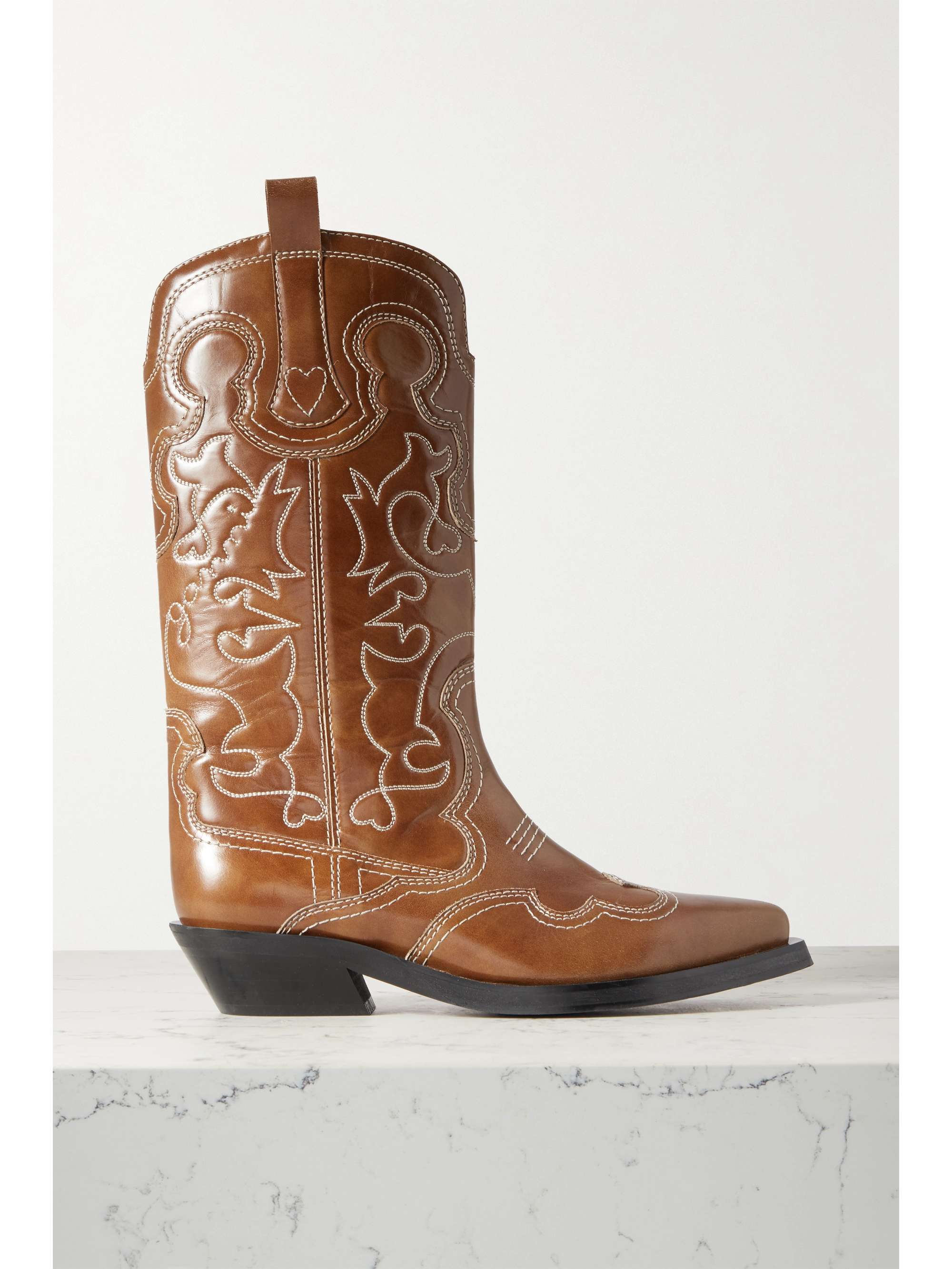 Ganni - Embroidered Leather Knee Boots - Brown - IT38 - Net A Porter