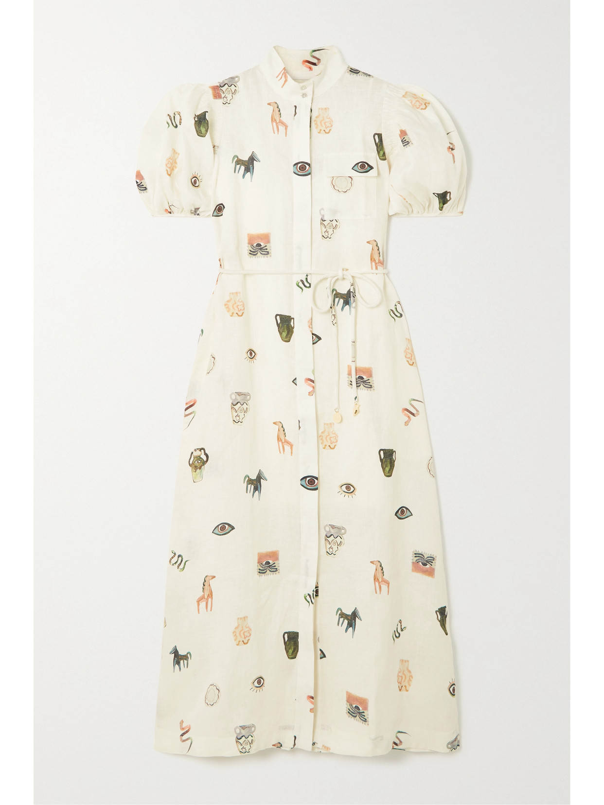 ALEMAIS HERA BELTED PRINTED LINEN MIDI DRESS