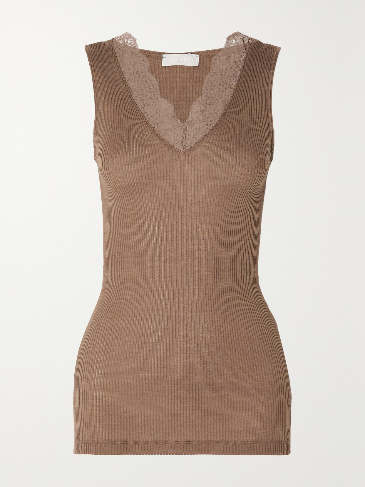 Hanro - Nora Lace-trimmed Ribbed Wool And Silk-blend Tank - Brown