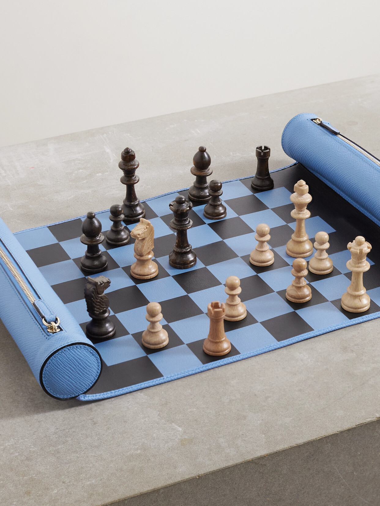 Smythson Leather Roll-up Chess Set In Blue