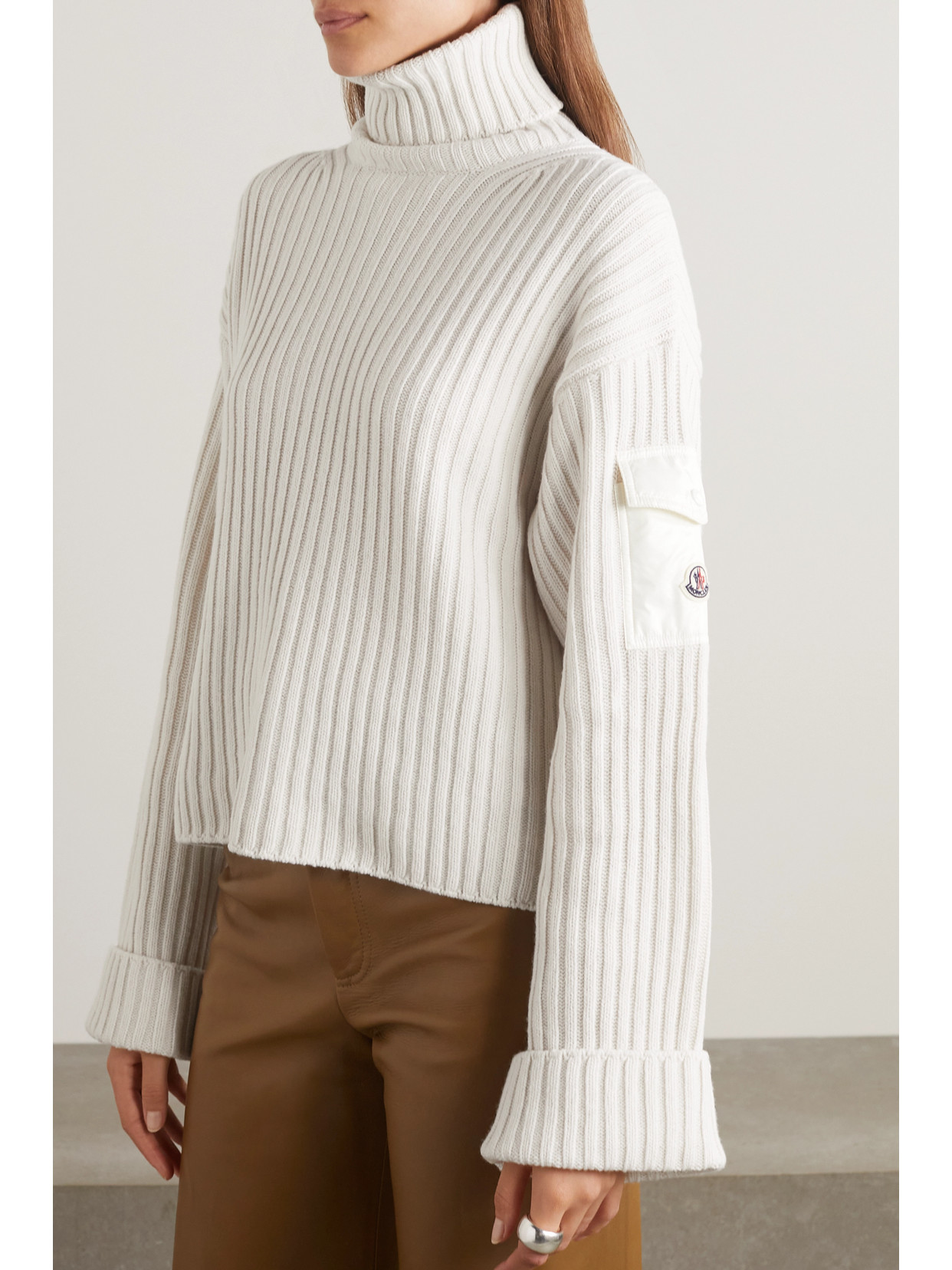 Shop Moncler Shell-trimmed Ribbed Wool Turtleneck Sweater In White