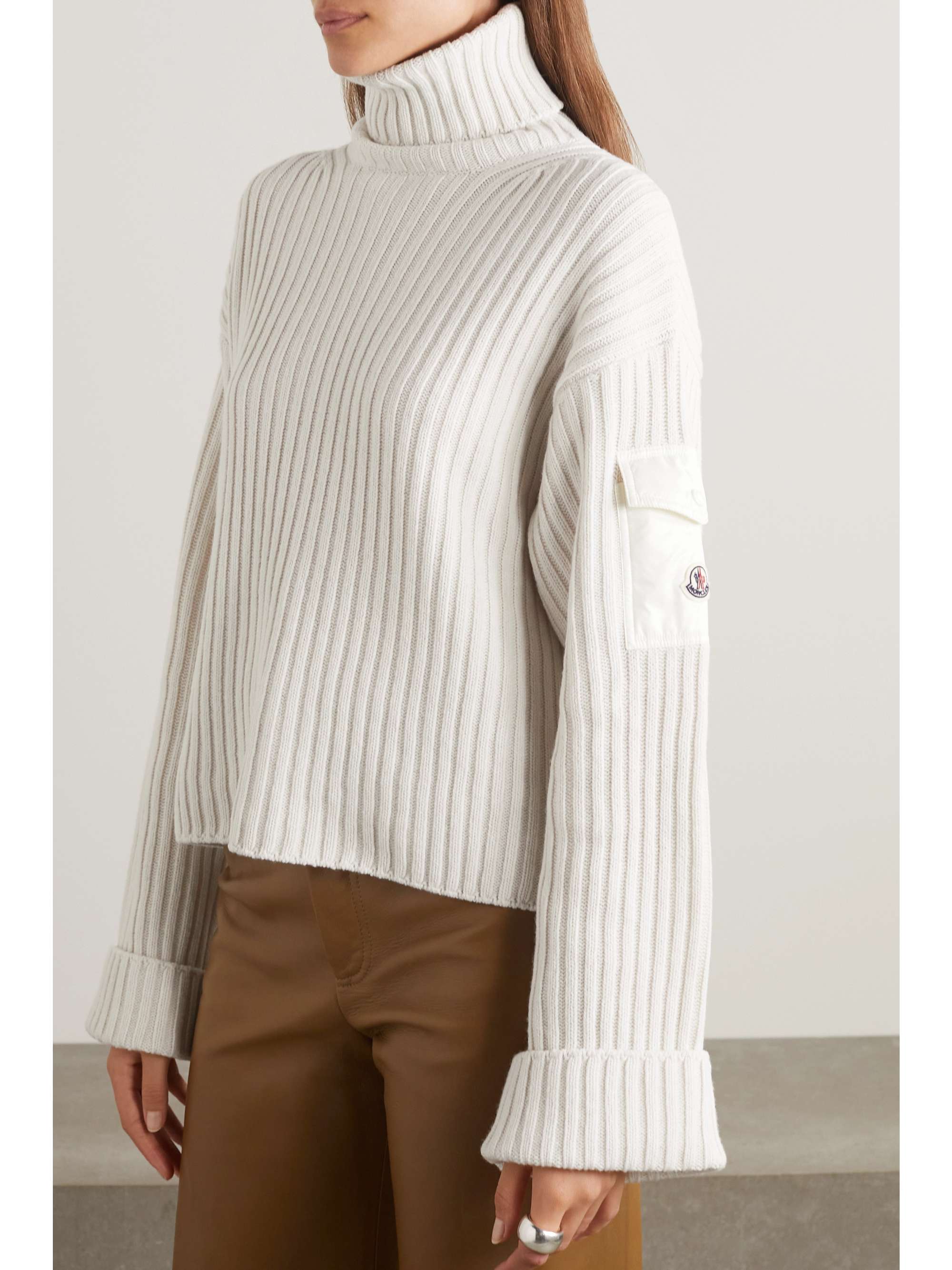 MONCLER Shell-trimmed ribbed wool turtleneck sweater
